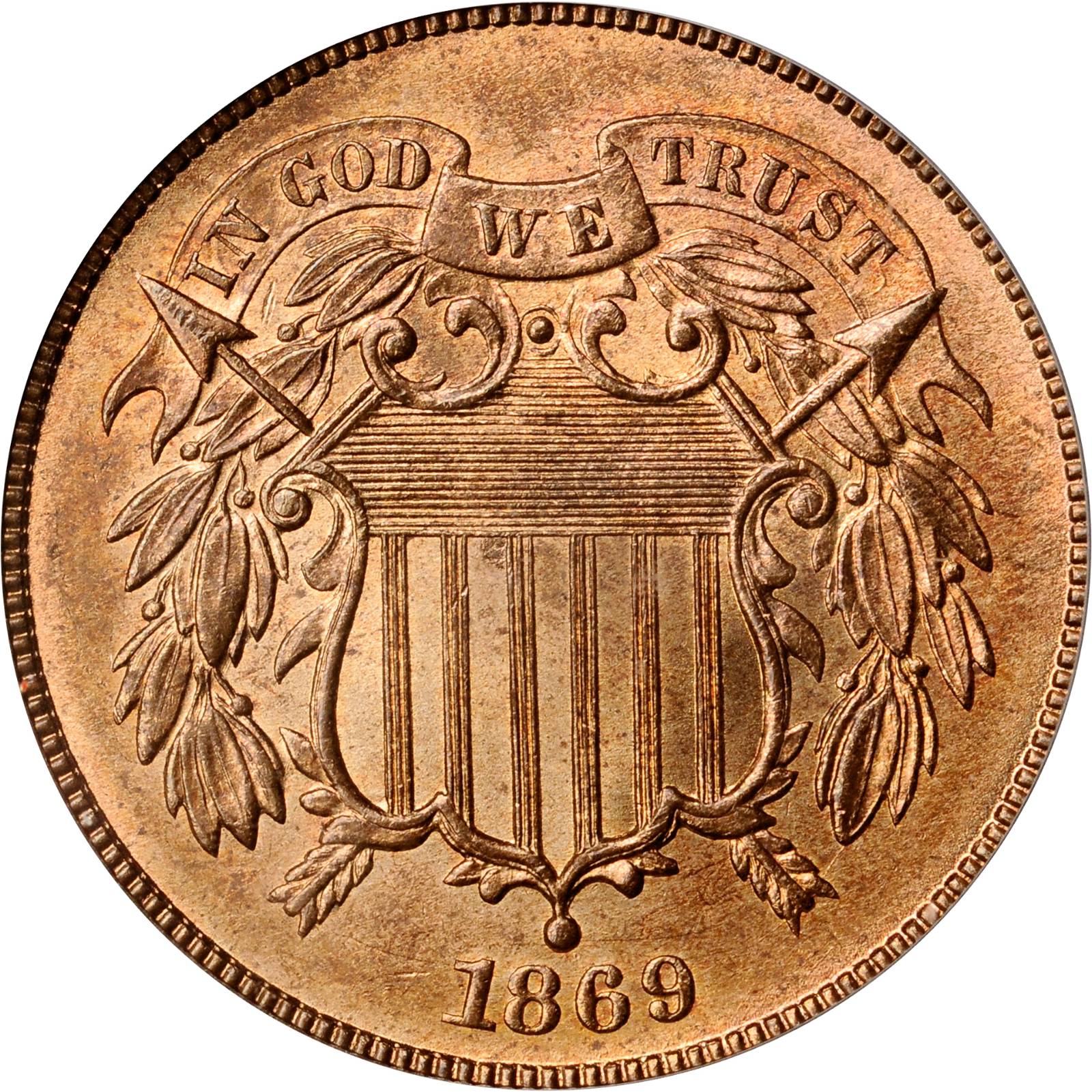 1869 Two-Cent Piece. FS-301 (FS-003.9). Repunched Date, Misplaced Date. MS-65 RD (PCGS). CAC. Secure Holder.