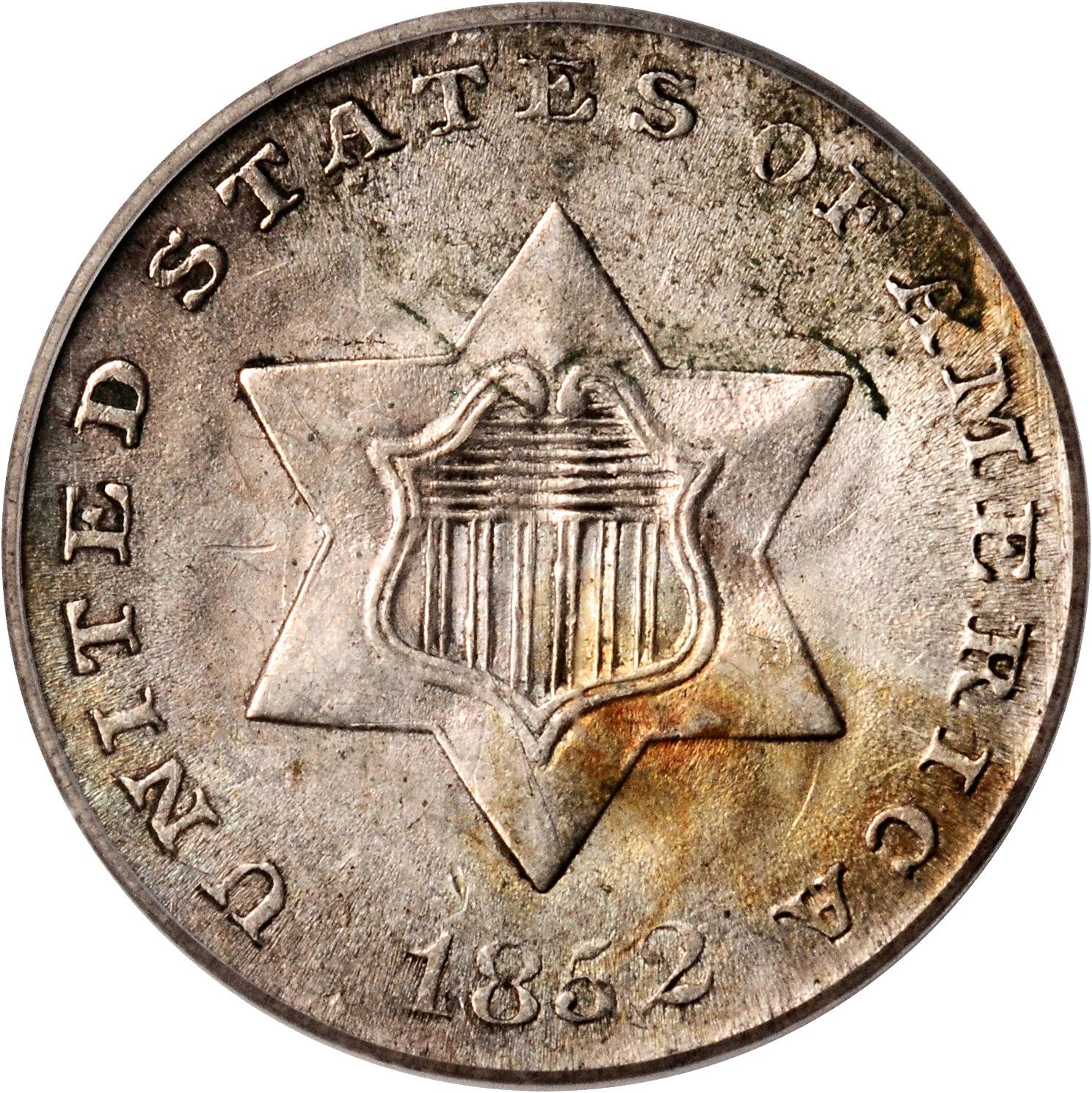 1852 Silver Three-Cent Piece. FS-801 (FS-002.5). Doubled Die Reverse. MS-62 (PCGS).