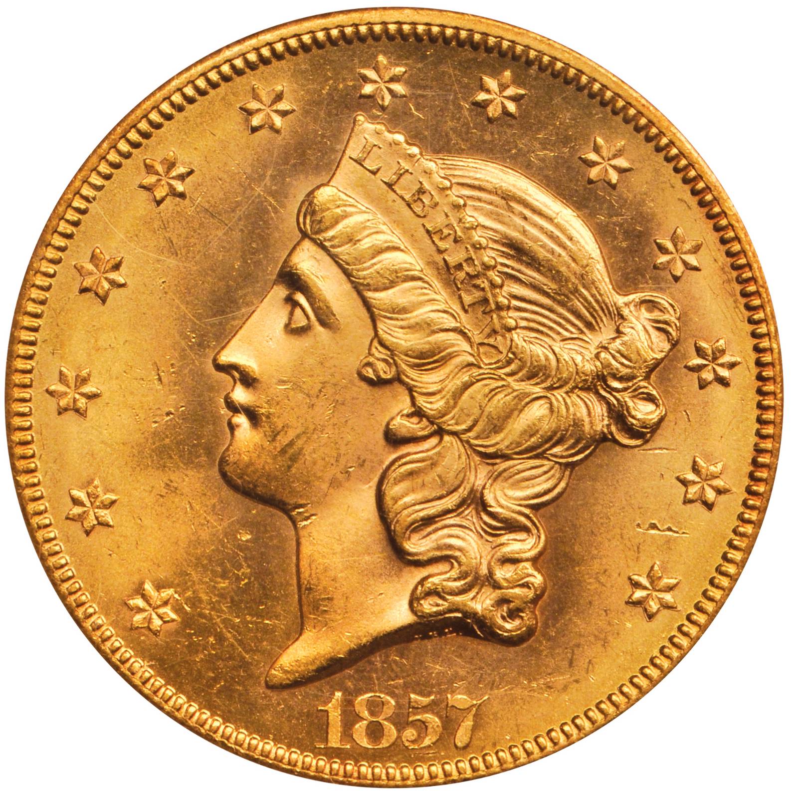 1857-S Liberty Double Eagle. Broken A. MS-64 (PCGS).