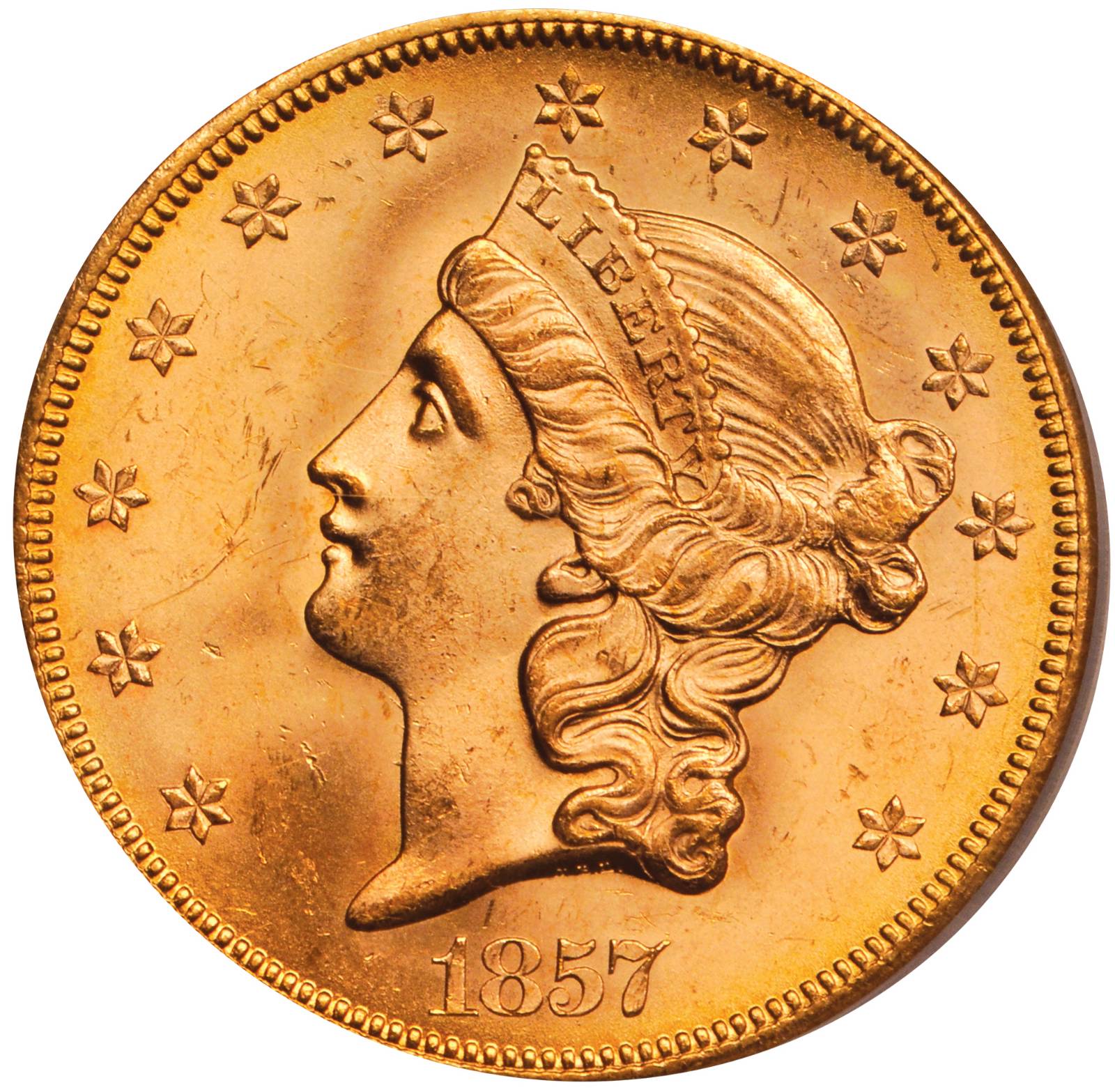1857-S Liberty Double Eagle. 20D. Bold 7, Faint S. MS-64 (PCGS).