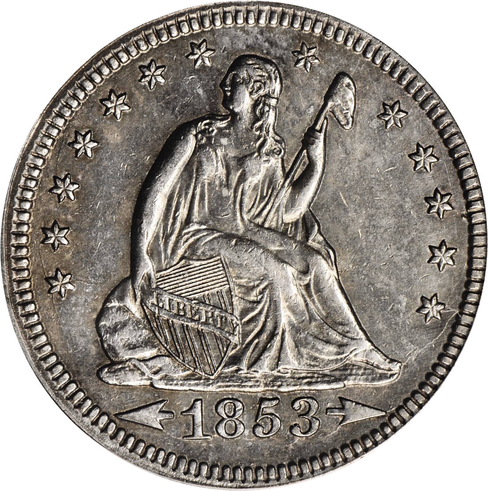 1853/4 Seated Liberty Quarter. Arrows and Rays. Briggs-Obverse 1, FS-1301 (FS-003). Genuine--Code 91, Questionable Color (PCGS).