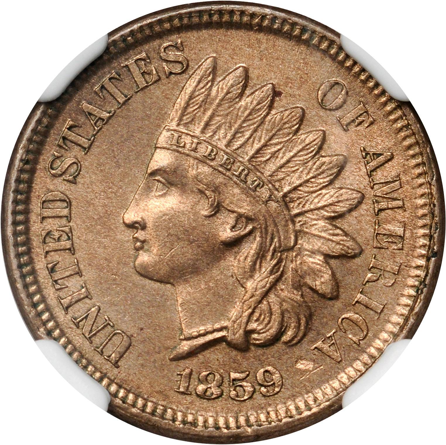 1859/1859 Indian Cent. Snow-1, FS-301 (FS-006.3). Repunched Date. MS-64 (NGC).