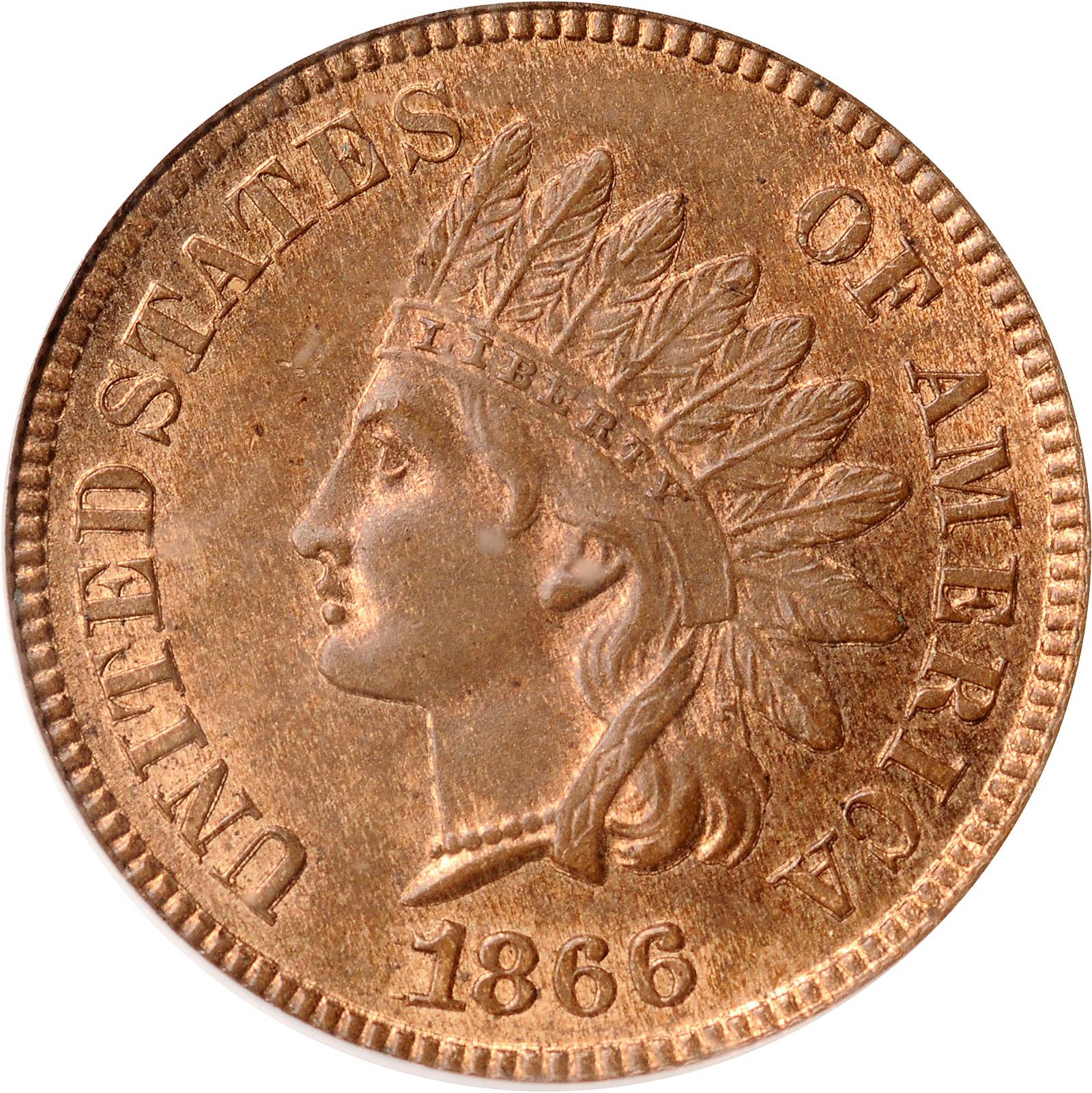 1866 Indian Cent. Snow-3, FS-302 (FS-007.9). Repunched Date. MS-64 RB (PCGS).