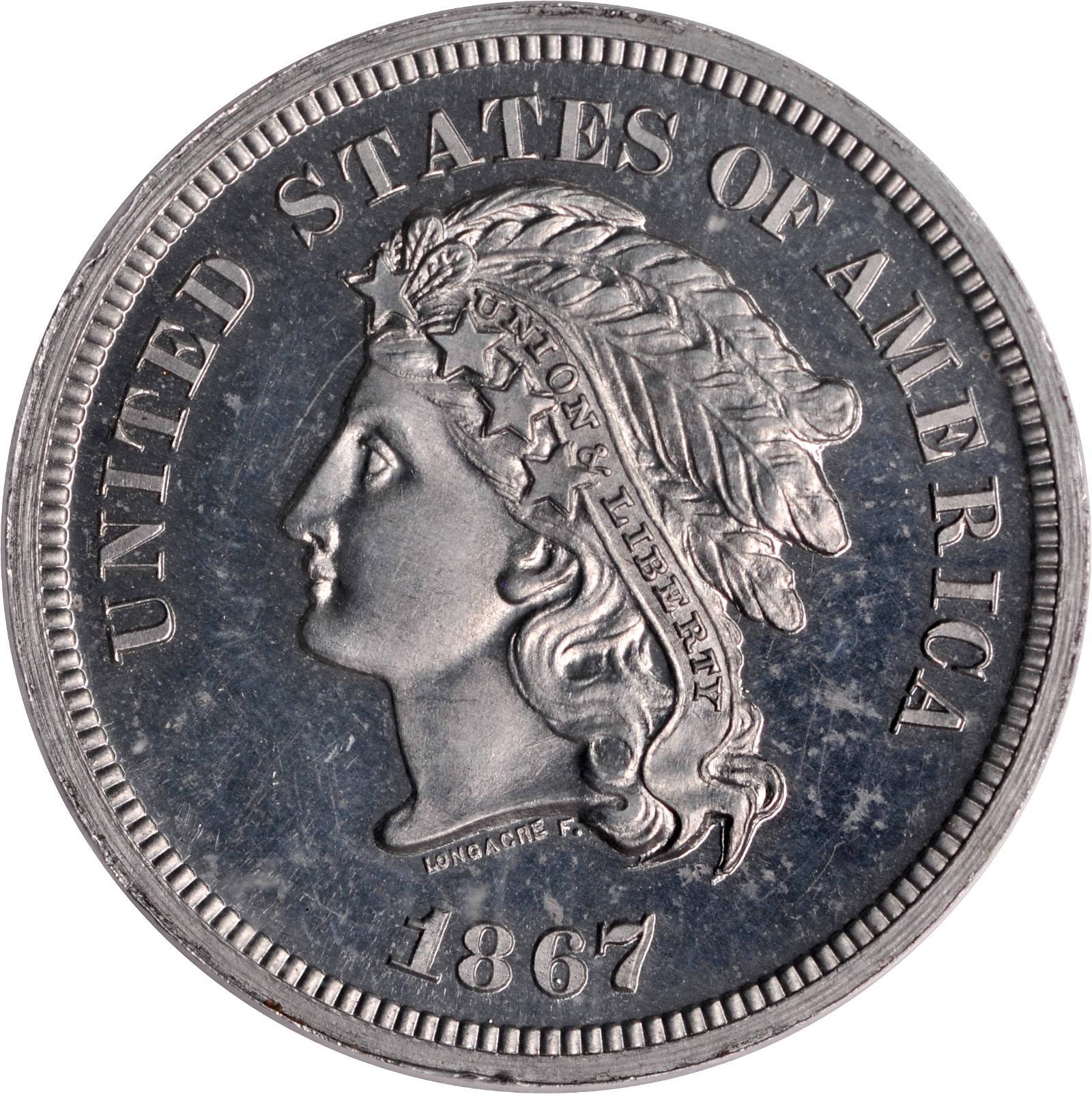 1867 Pattern Five-Cent Piece. Judd-561, Pollock-622. Rarity-5. Proof-65 Cameo (PCGS). CAC.