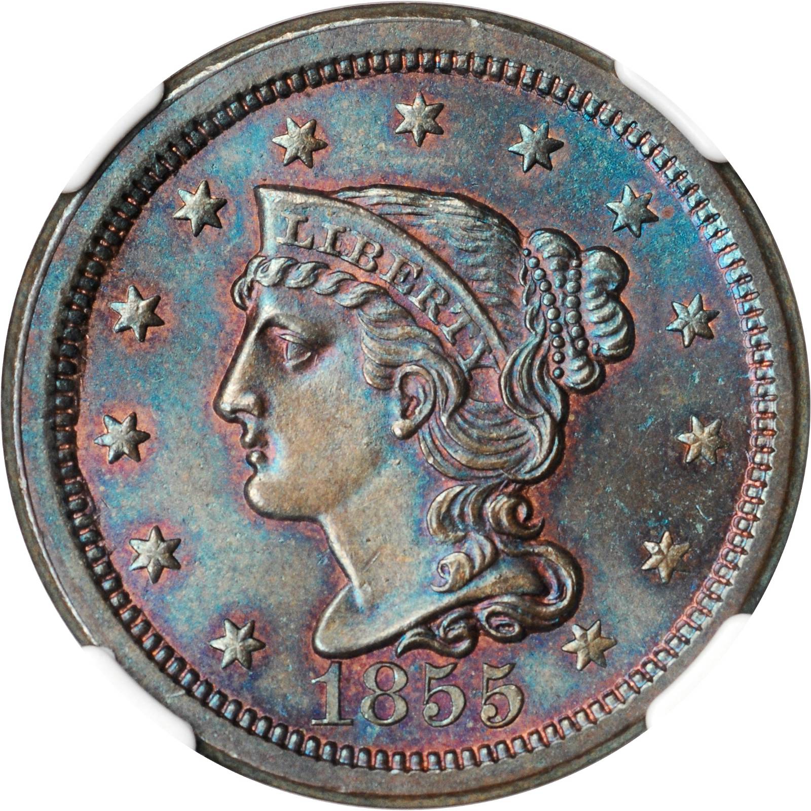 1855 Braided Hair Cent. N-4. Rarity-1. Grellman Die State a. Upright 5s. MS-65 BN (NGC).
