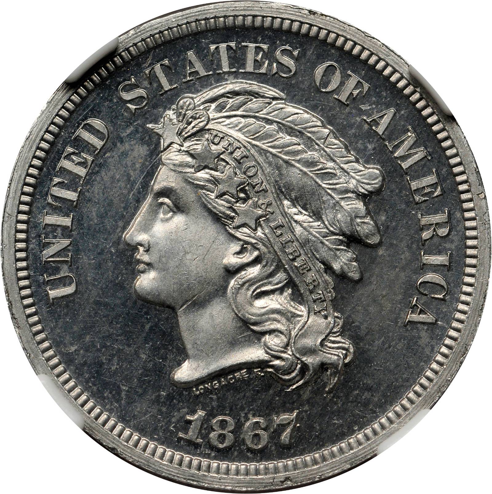 1867 Pattern Five-Cent Piece. Judd-561, Pollock-622. Rarity-5. Aluminum. Plain Edge. Proof-64 Cameo (NGC).
