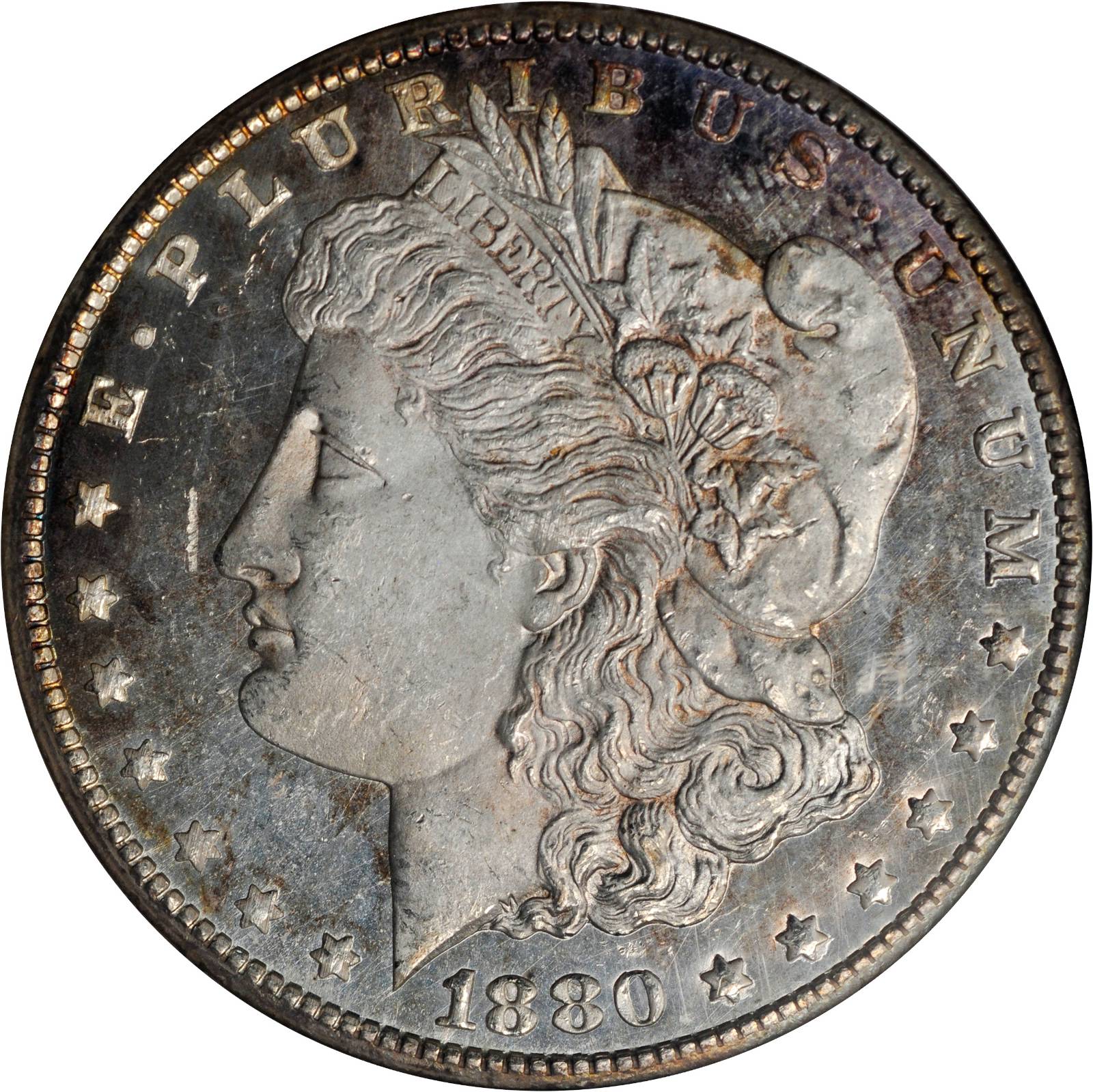 1880-CC Morgan Silver Dollar. VAM-6. Top 100 Variety. 8/Low 7. Reverse of 1879. MS-64 DMPL (ANACS). OH.