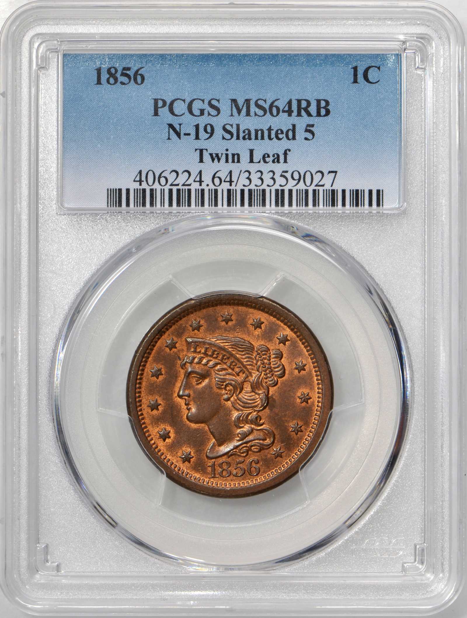 1856 1c Slanted 5, N-19 MS RB thumbnail 2
