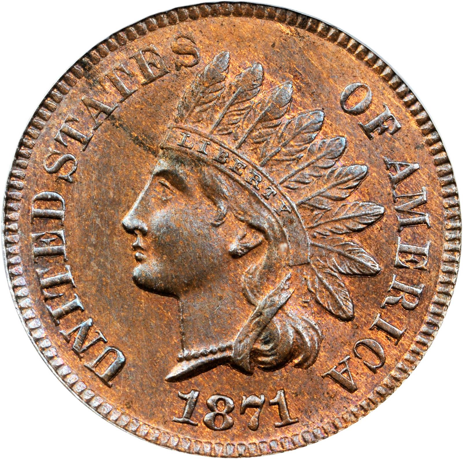 1871 Indian Cent. Snow-5, FS-901. Shallow N, Misplaced Date. MS-63 RB (PCGS). Eagle Eye Photo Seal.