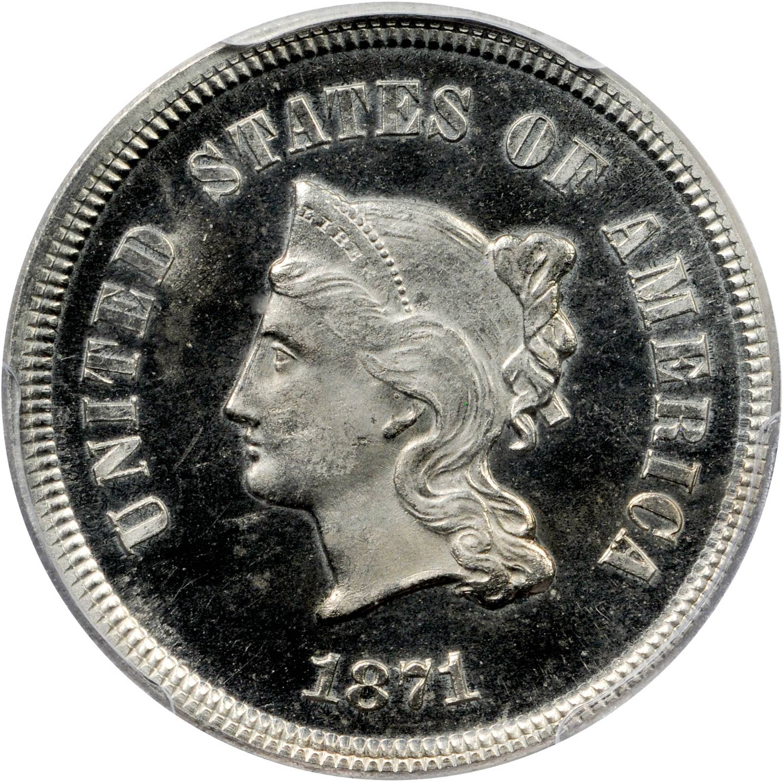 1871 Pattern Five-Cent Piece. Judd-1050, Pollock-1184. Rarity-6-. Nickel. Plain Edge. Proof-65 Cameo (PCGS). CAC. Secure Holder.