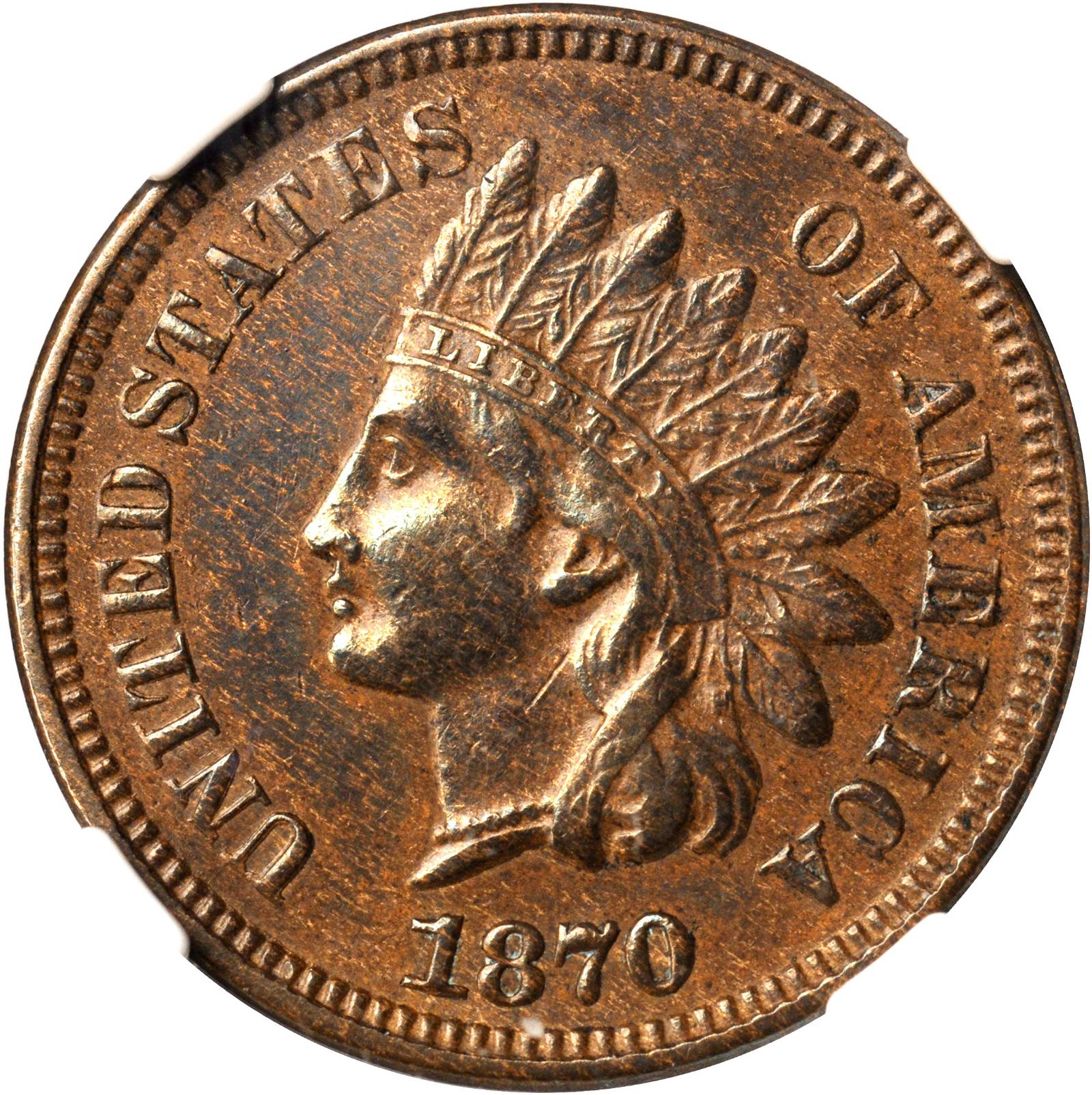 1870 Indian Cent. Bold N. FS-801. Doubled Die Reverse. AU-50 BN (NGC).