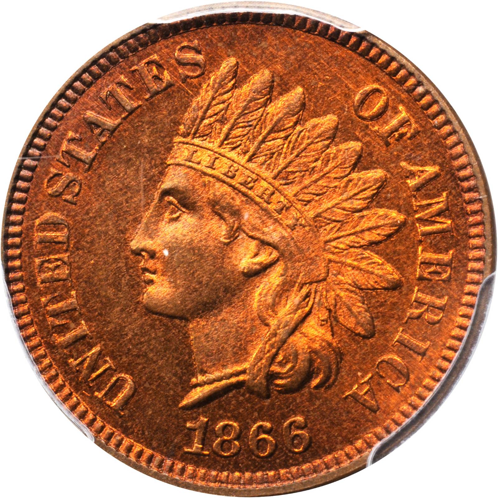 1866 Indian Cent. Snow-1, FS-101. Doubled Die Obverse, Misplaced Date. MS-64 RD (PCGS).
