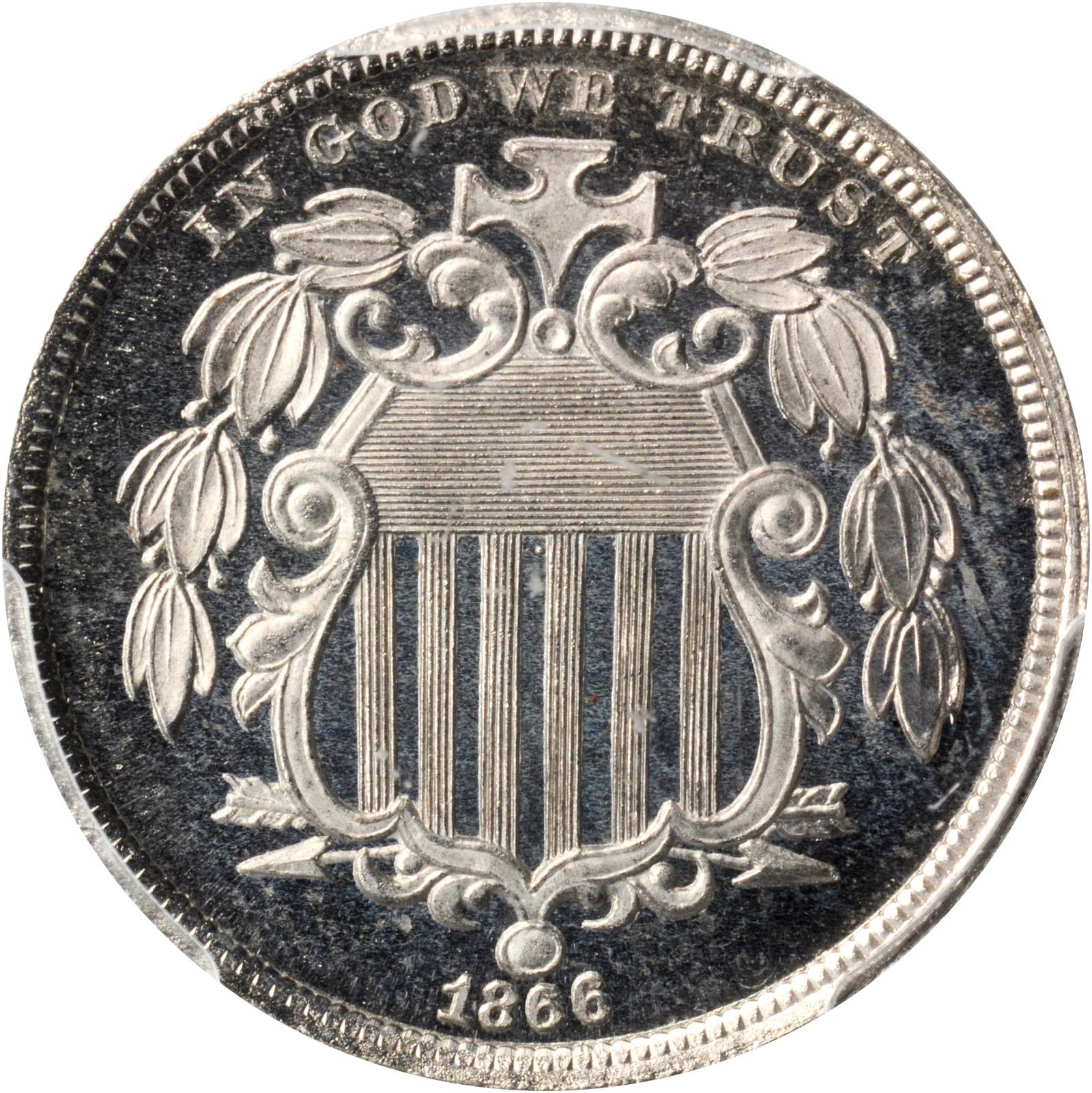 1866 Pattern Shield Nickel. Judd-504, Pollock-589. Rarity-7-. Nickel. Plain Edge. Proof-66 Cameo (PCGS). CAC.