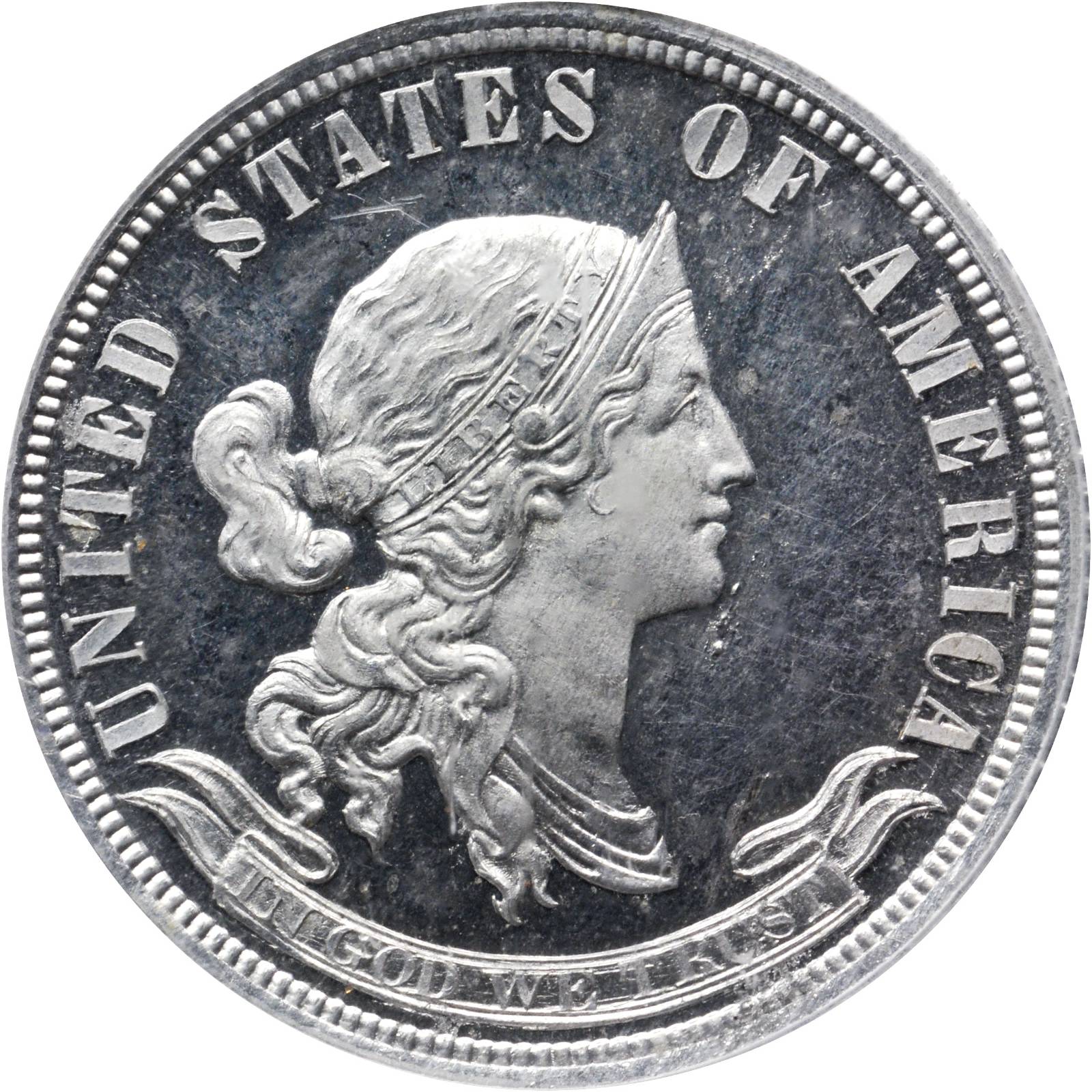 1870 Pattern Quarter. Judd-916, Pollock-1013. Rarity-7+. Aluminum. Reeded Edge. Proof-64 Cameo (PCGS). CAC.