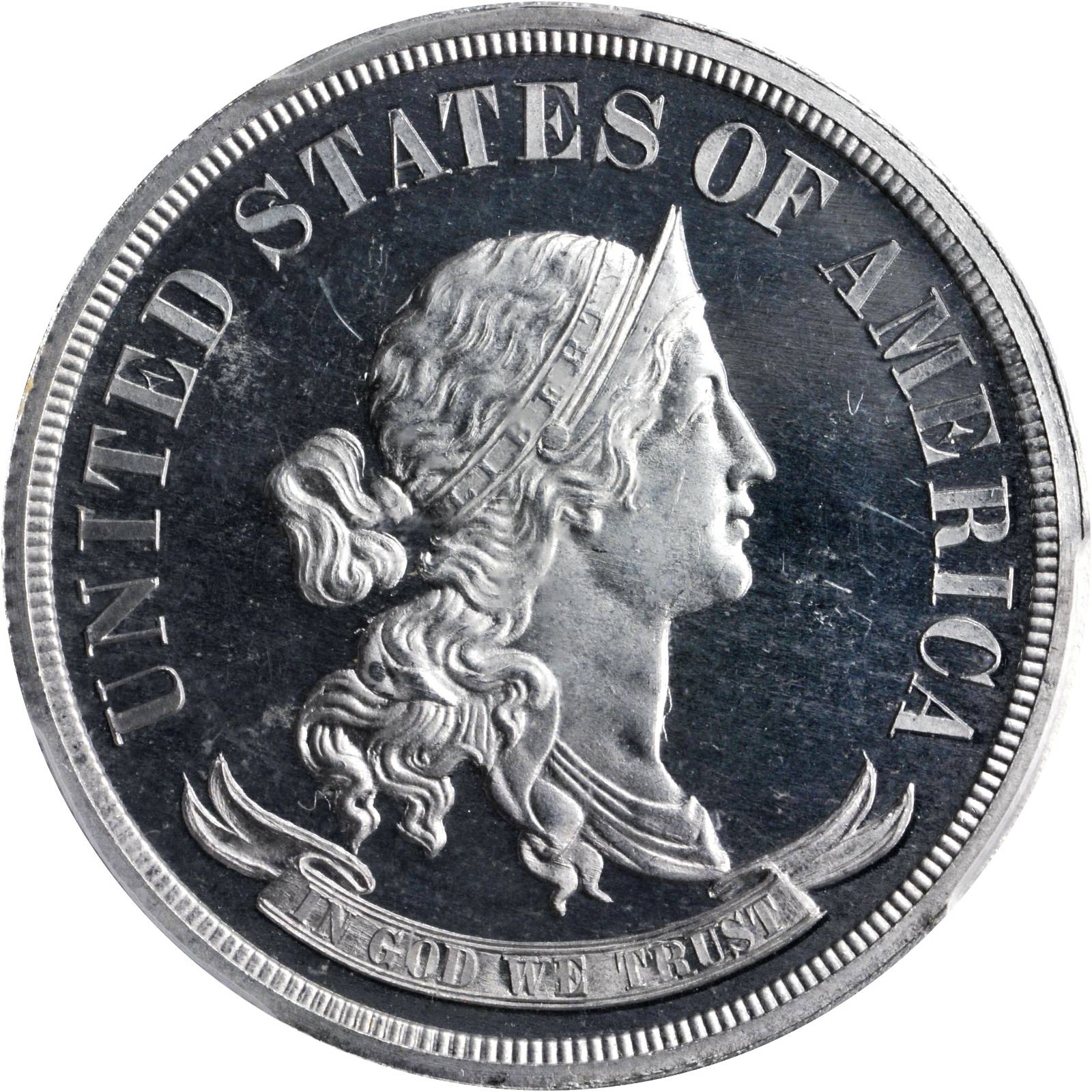 1870 Pattern Half Dollar. Judd-955, Pollock-1099. Rarity-7+. Aluminum. Reeded Edge. Proof-65 Cameo (PCGS). CAC. Secure Holder.