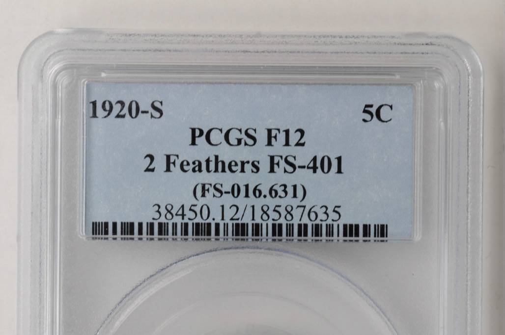 1920-S 5c 2 Feathers, FS-401 F12 CAC thumbnail 3