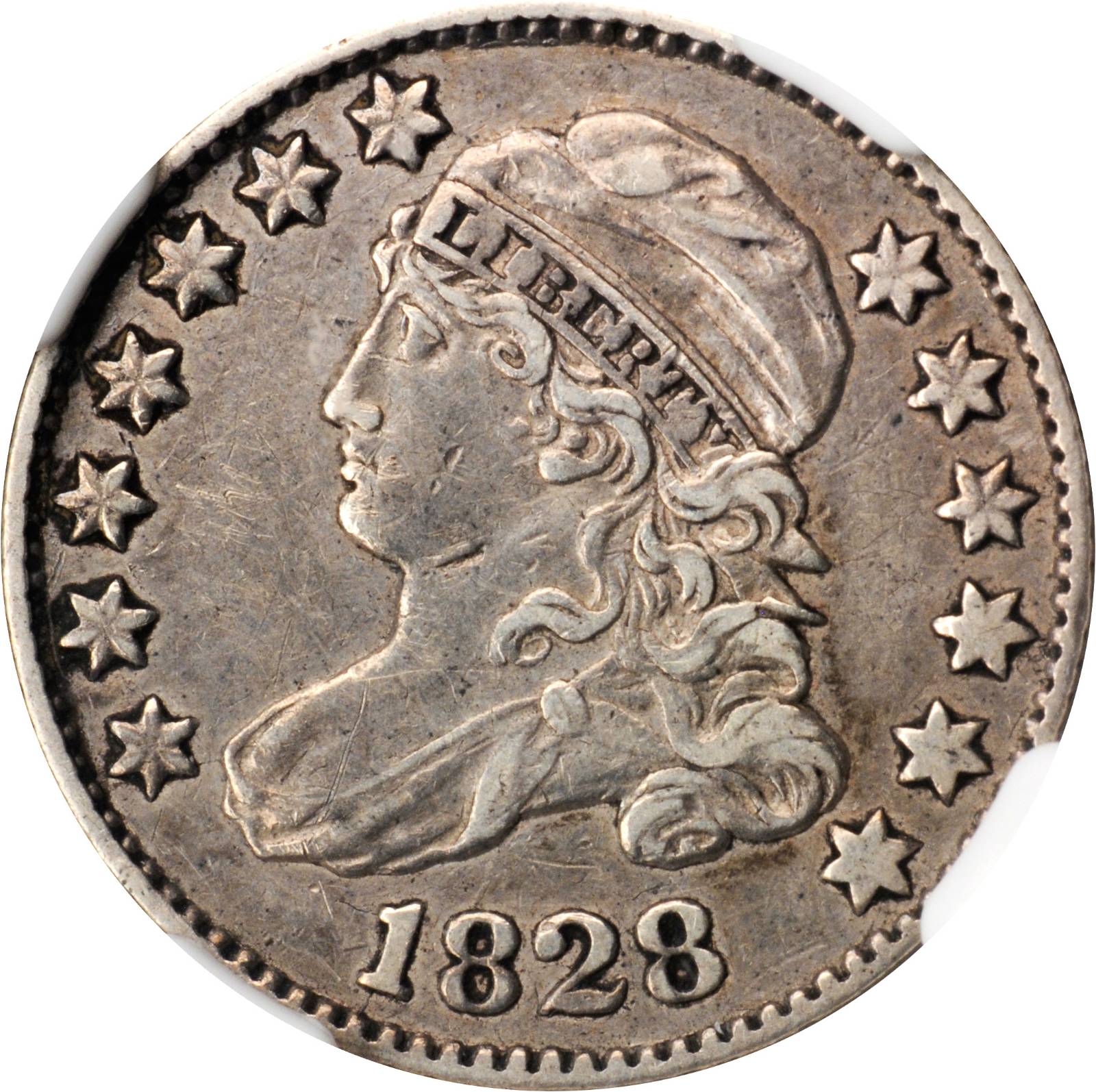 1828 Capped Bust Dime. JR-2. Rarity-3. Large Date. EF-40 (NGC).