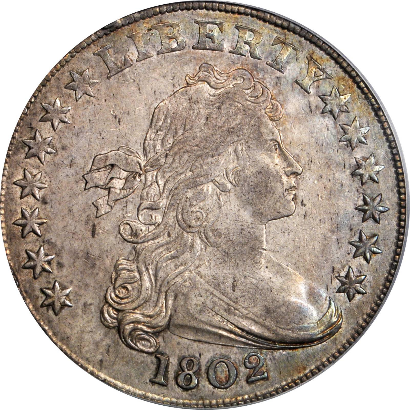 1802 Draped Bust Silver Dollar. B-5, BB-242. Rarity-5. Wide Date. AU-55 (PCGS).