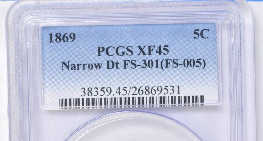 1869 5c Narrow Date, FS-301 VF30 thumbnail 3