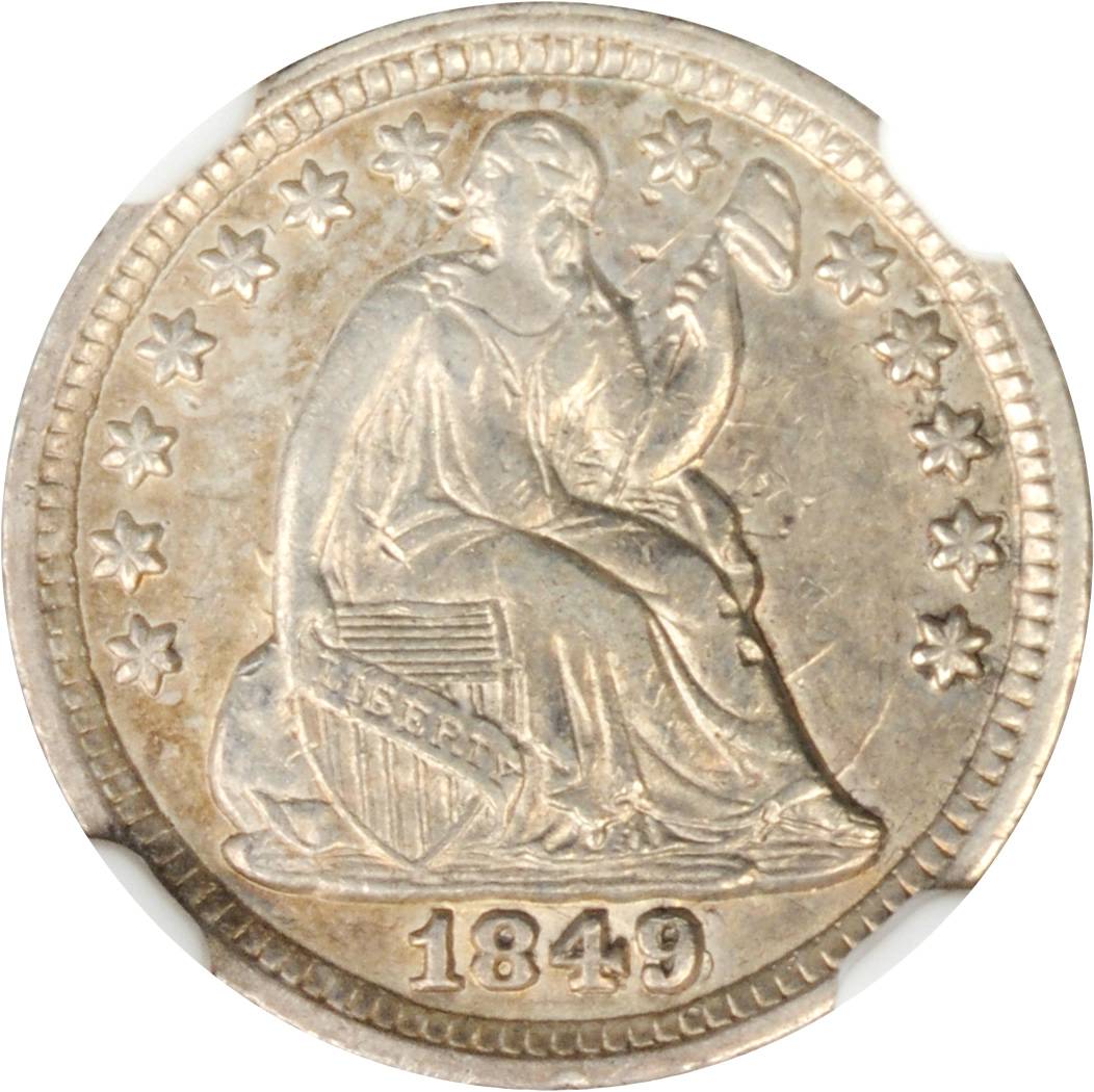 1849 Liberty Seated Half Dime. V-1, FS-301. Repunched Date. AU-53 (NGC).
