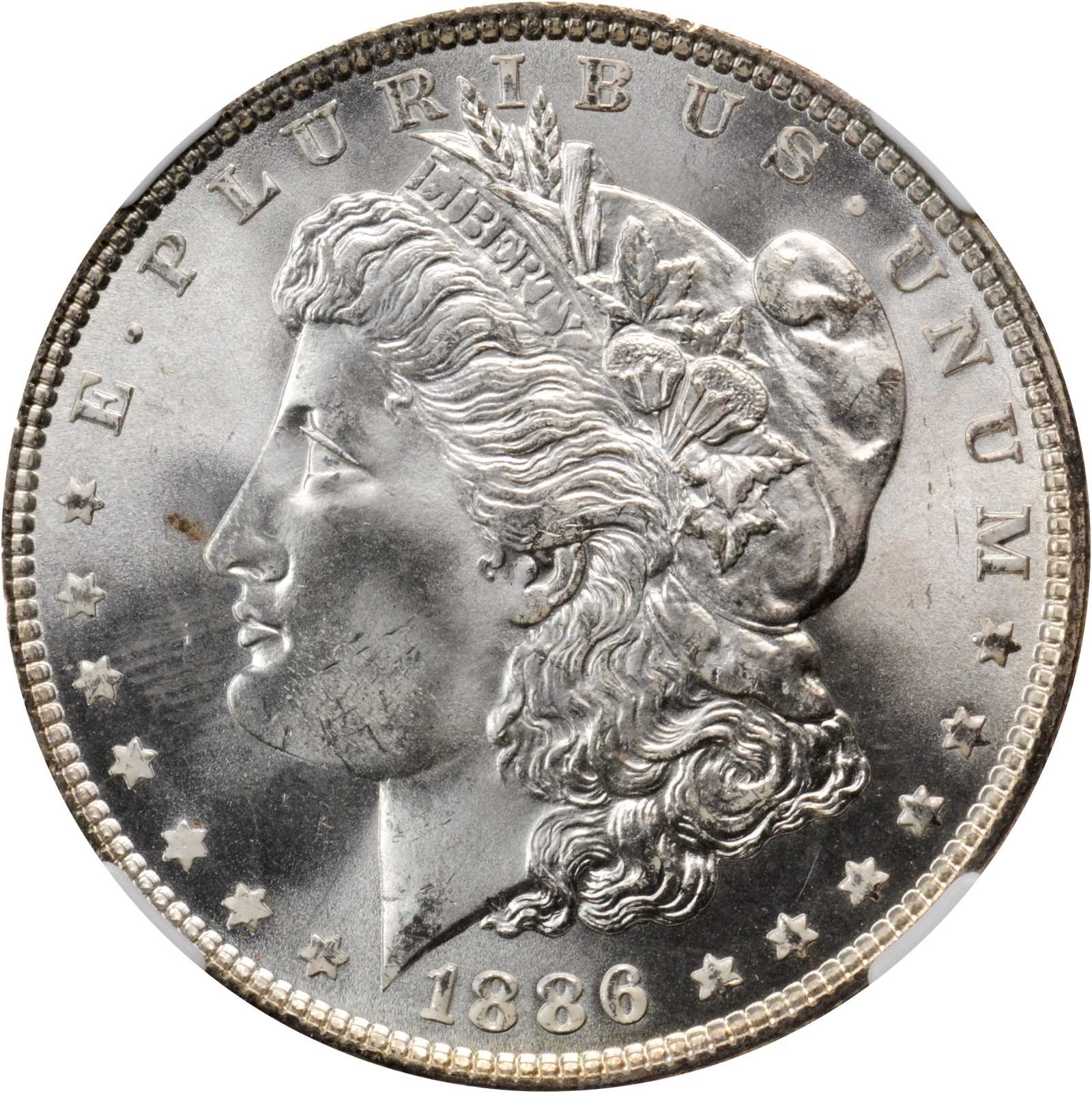 1886 Morgan Silver Dollar. VAM-1C. Hot 50 Variety. 3+2 Clashed Reverse. MS-66 (NGC).