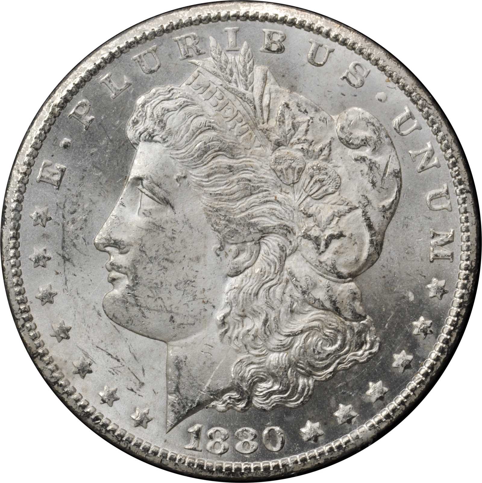1880-CC GSA Morgan Silver Dollar. Top 100 Variety. 8/Low 7. MS-62 (NGC).