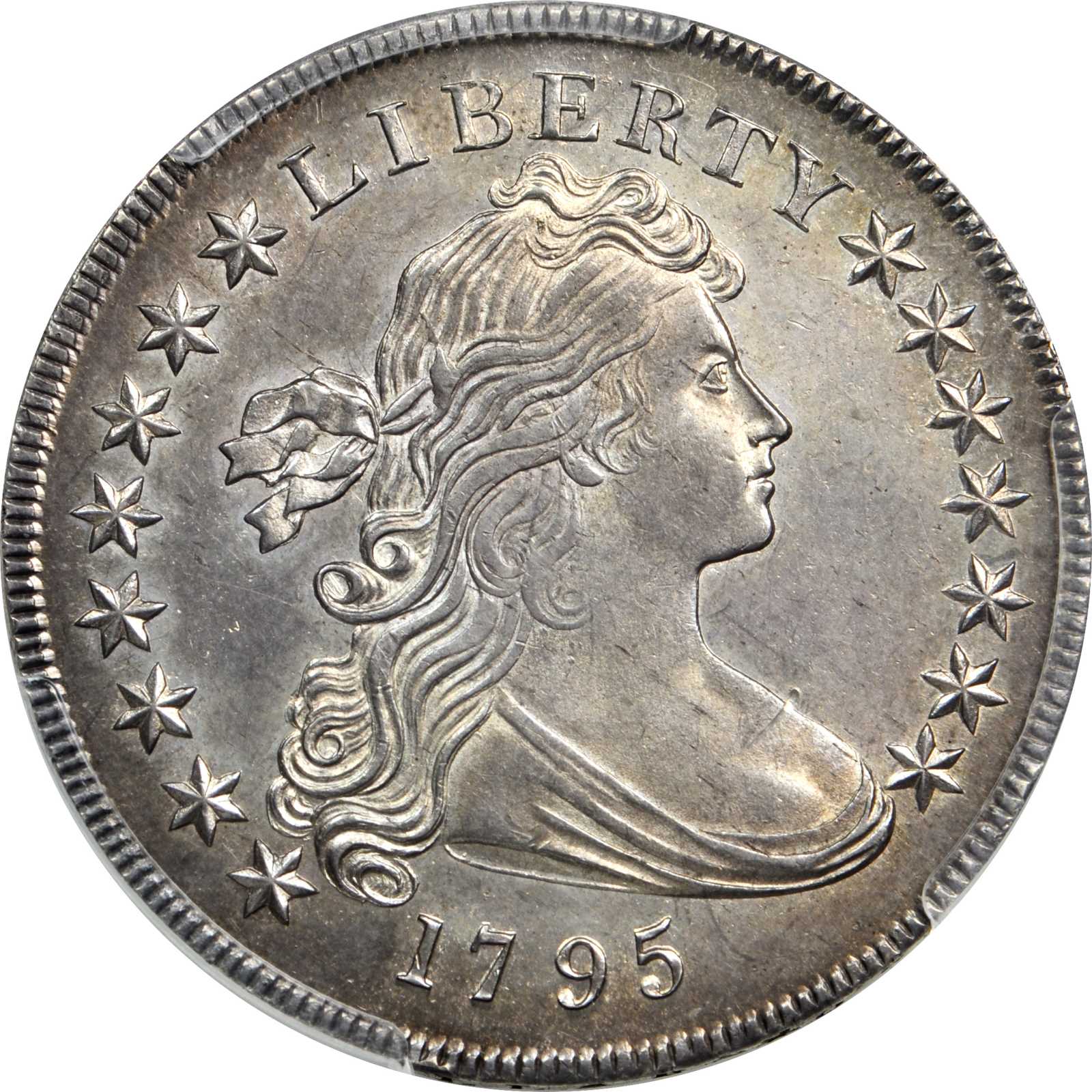 1795 Draped Bust Silver Dollar. Draped Bust. BB-52, B-15. Rarity-2. Centered Bust. MS-63+ (PCGS). 30th Anniversary Secure Holder.