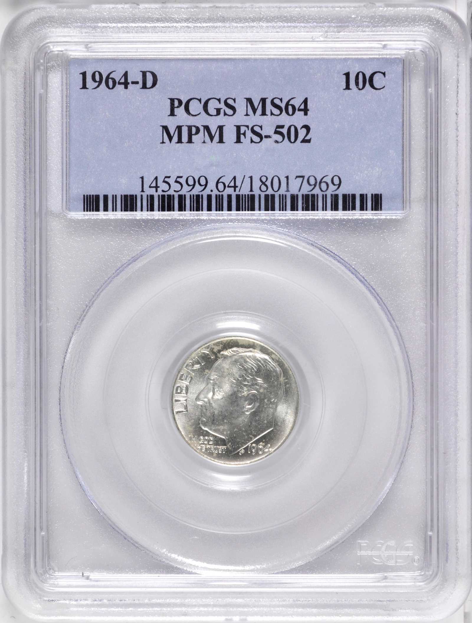1964-D/D 10c Repunched Mintmark, FS-502 VF25 CAC thumbnail 4