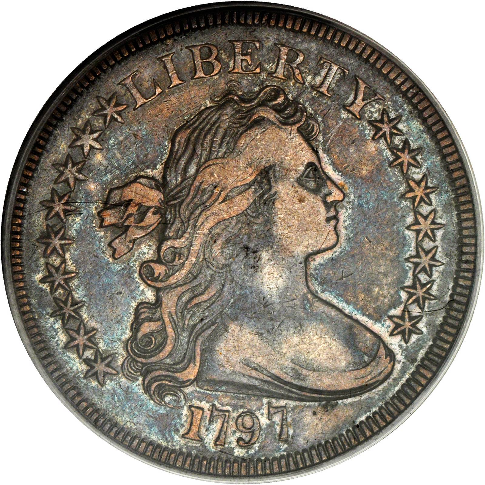 1797 Draped Bust Silver Dollar. B-2, BB-72. Rarity-4. Stars 9x7, Small Letters. EF-40 (PCGS).