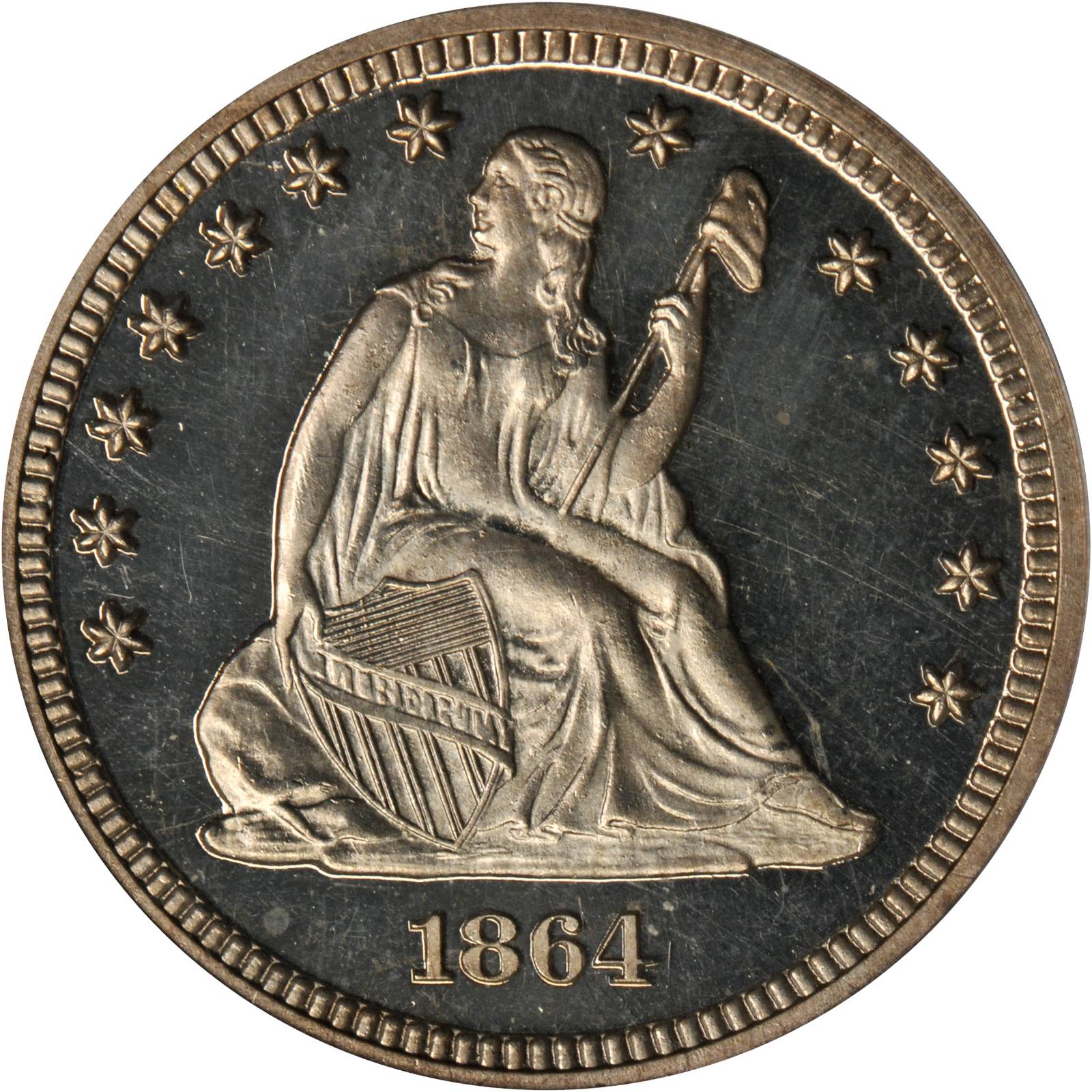 1864 P25c Silver, J-386 PR DCAM thumbnail 3