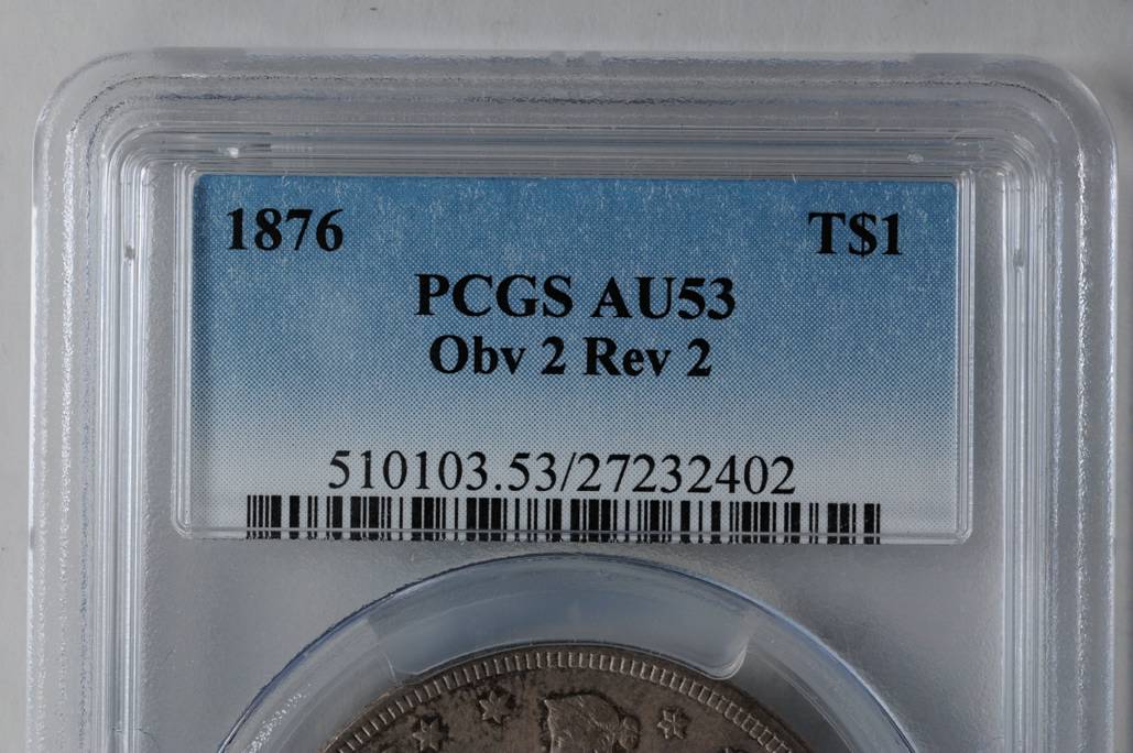 1876 Trade$ Obverse II, Reverse II, FS-701 AU55 thumbnail 3