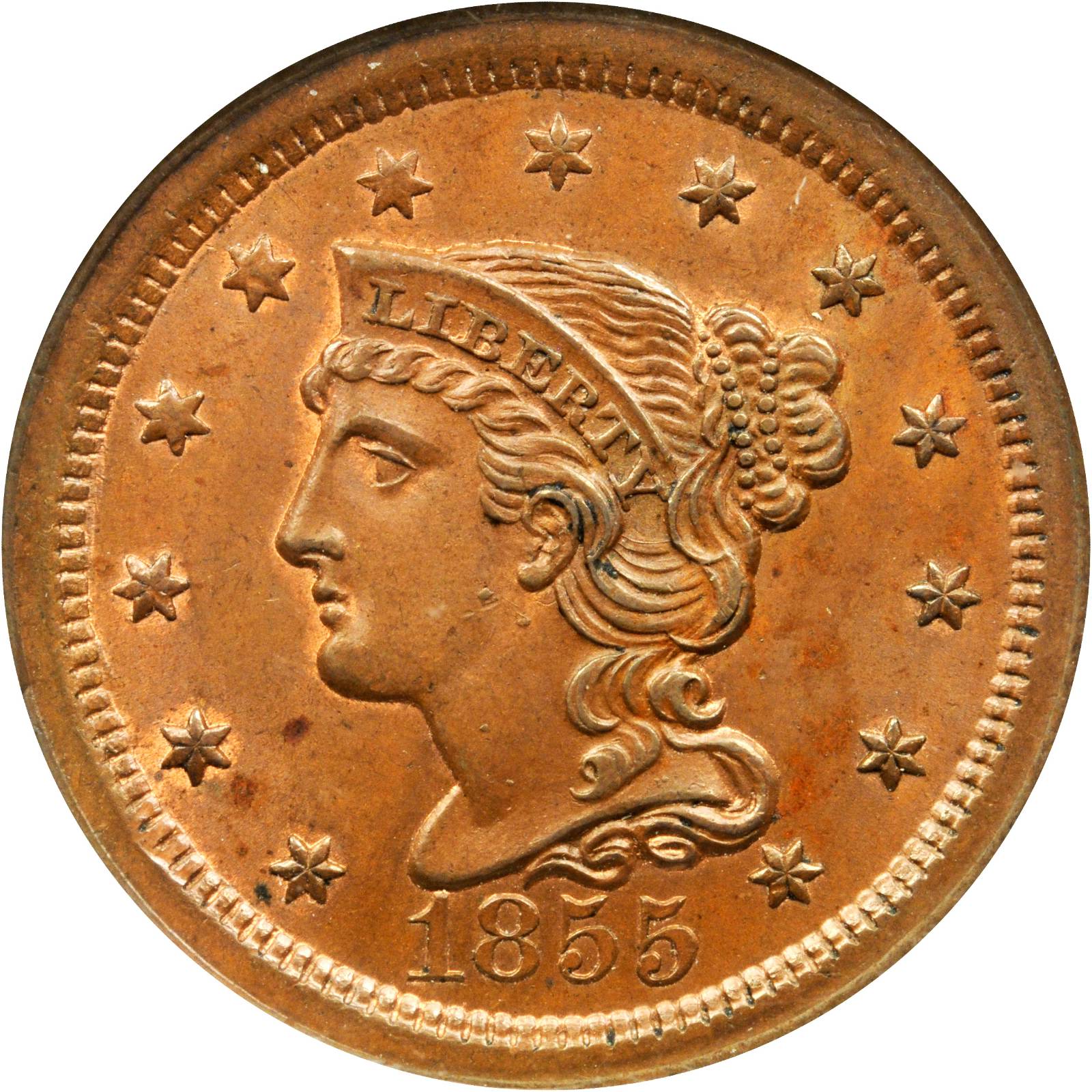 1855 Braided Hair Cent. N-4. Rarity-1. Noyes Die State A/A. Upright 5s. MS-64 BN (NGC).