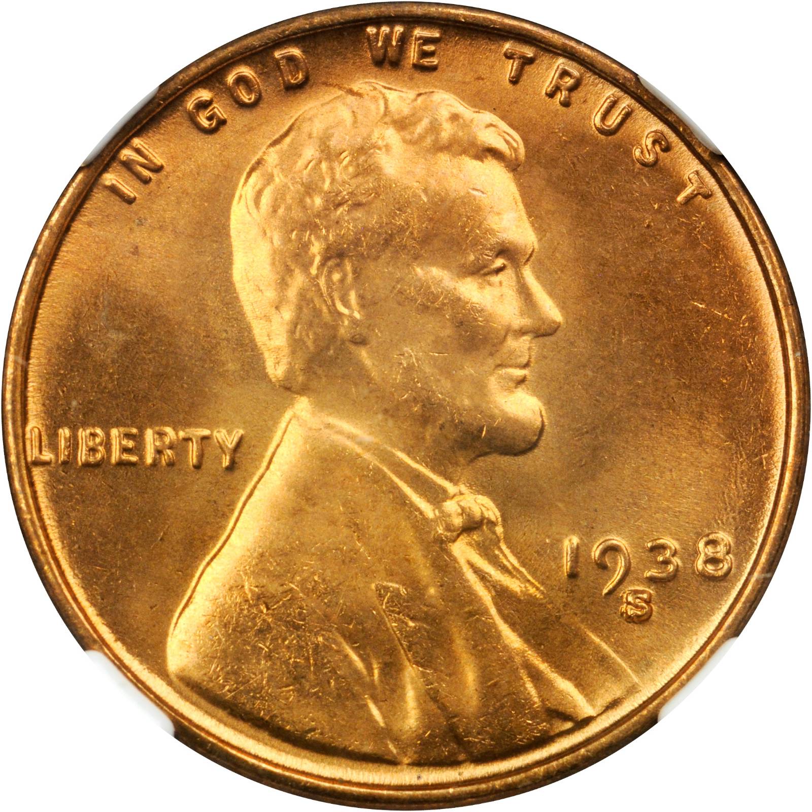 1938-S/S/S Lincoln Cent. FS-502. Repunched Mintmark. MS-67 RD (NGC).