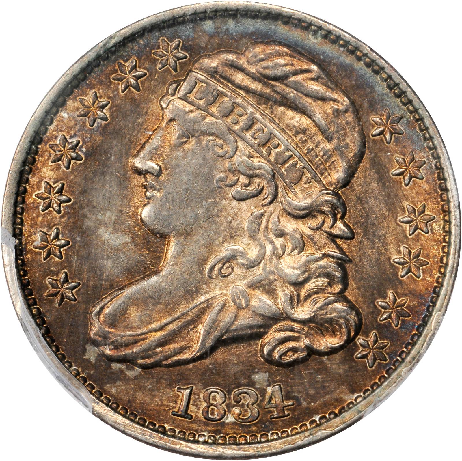 1834 Capped Bust Dime. JR-7. Rarity-2. Small 4. AU Details--Questionable Color (PCGS).