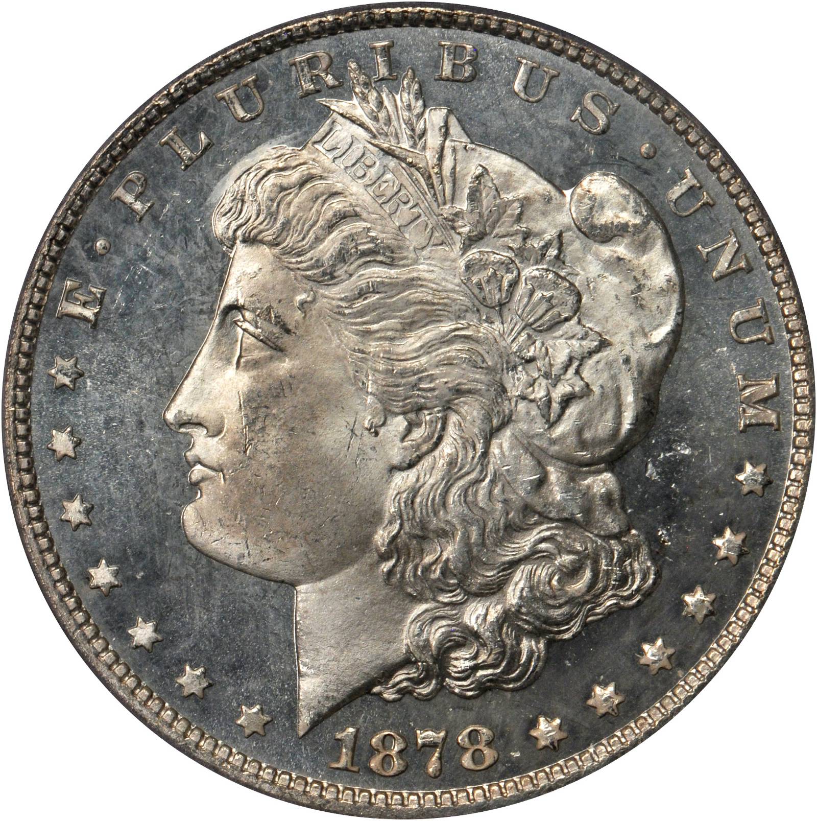 1878 Morgan Silver Dollar. 7/8 Tailfeathers. VAM-41A. Weak. 7/4 Tailfeathers. MS-65 DMPL (PCGS).