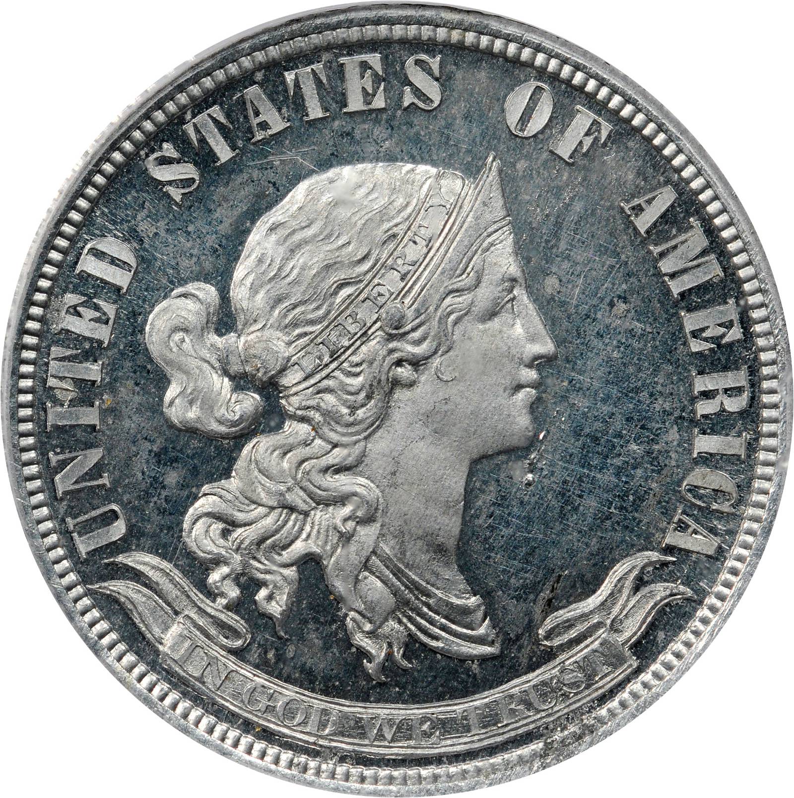 1870 Pattern Quarter. Judd-916, Pollock-1013. Rarity-7+. Aluminum. Reeded Edge. Proof-64 Cameo (PCGS). CAC.