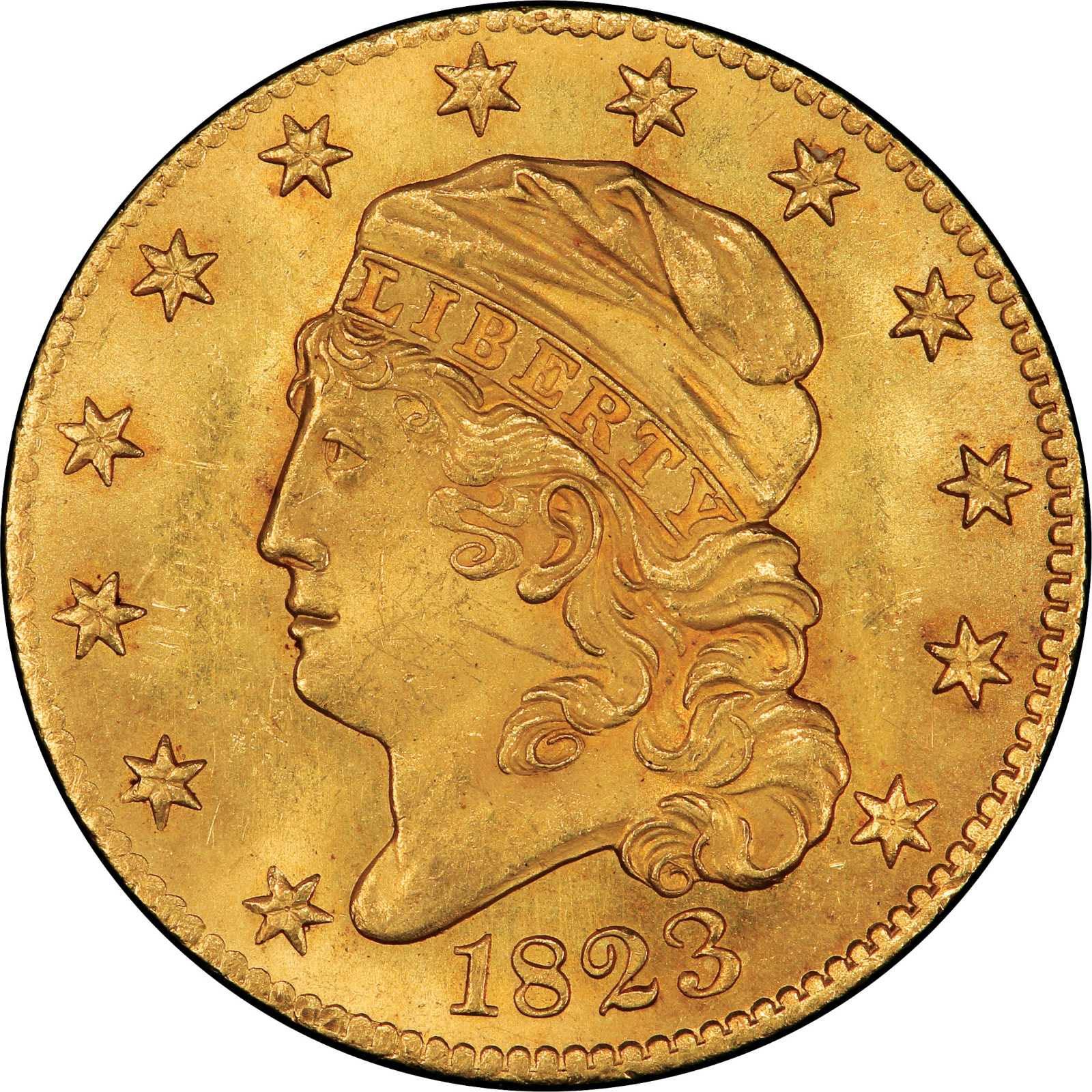 1823 Capped Head Left Half Eagle. Bass Dannreuther-1. Rarity-4+. Mint State-64+ (PCGS).
