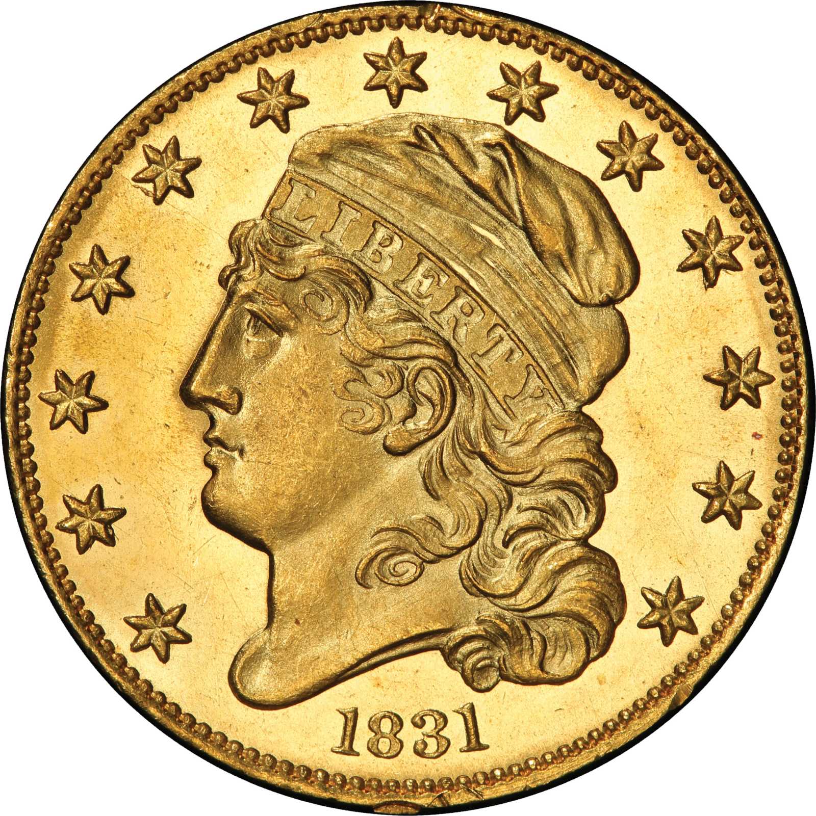 1831 Capped Head Left Half Eagle. Bass Dannreuther-2. Rarity-6. Large 5D. Mint State-65+ (PCGS).