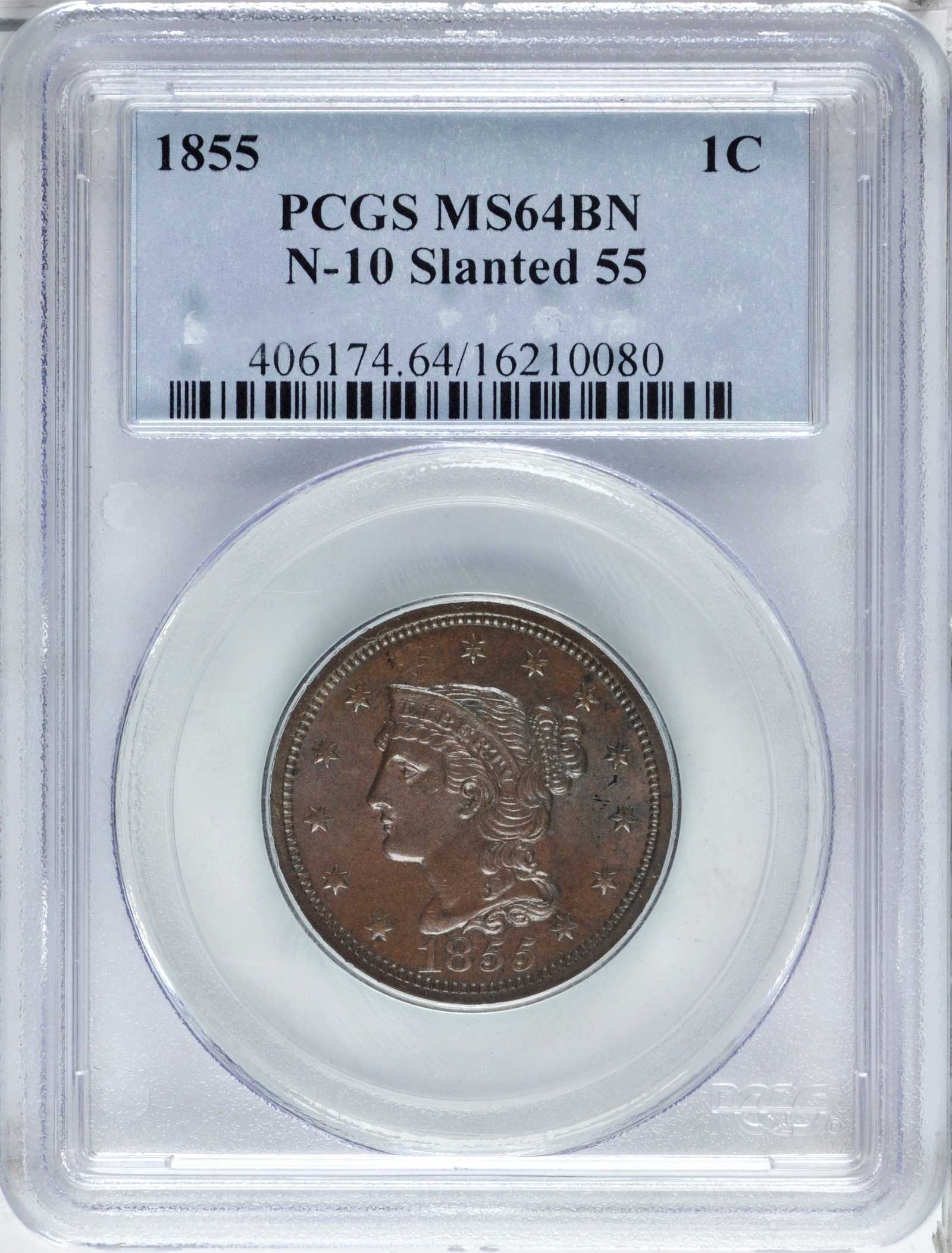 1855 1c Slanted 55, N-10 MS BN VF35 BN CAC thumbnail 21