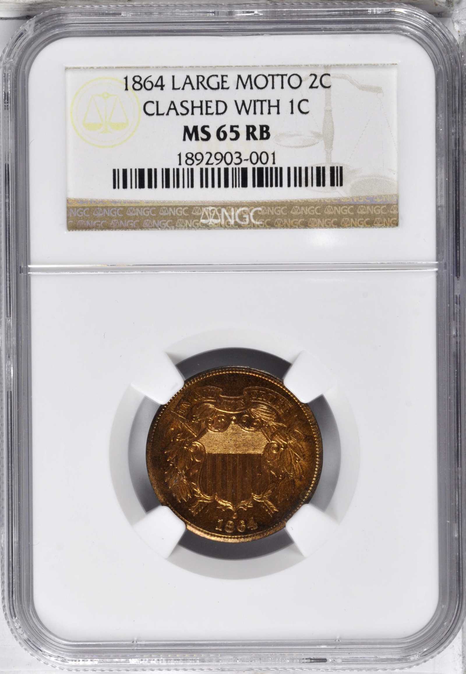 1864 2c Large Motto, Clash Indian Cent, FS-1901 MS RB MS62 RB thumbnail 10