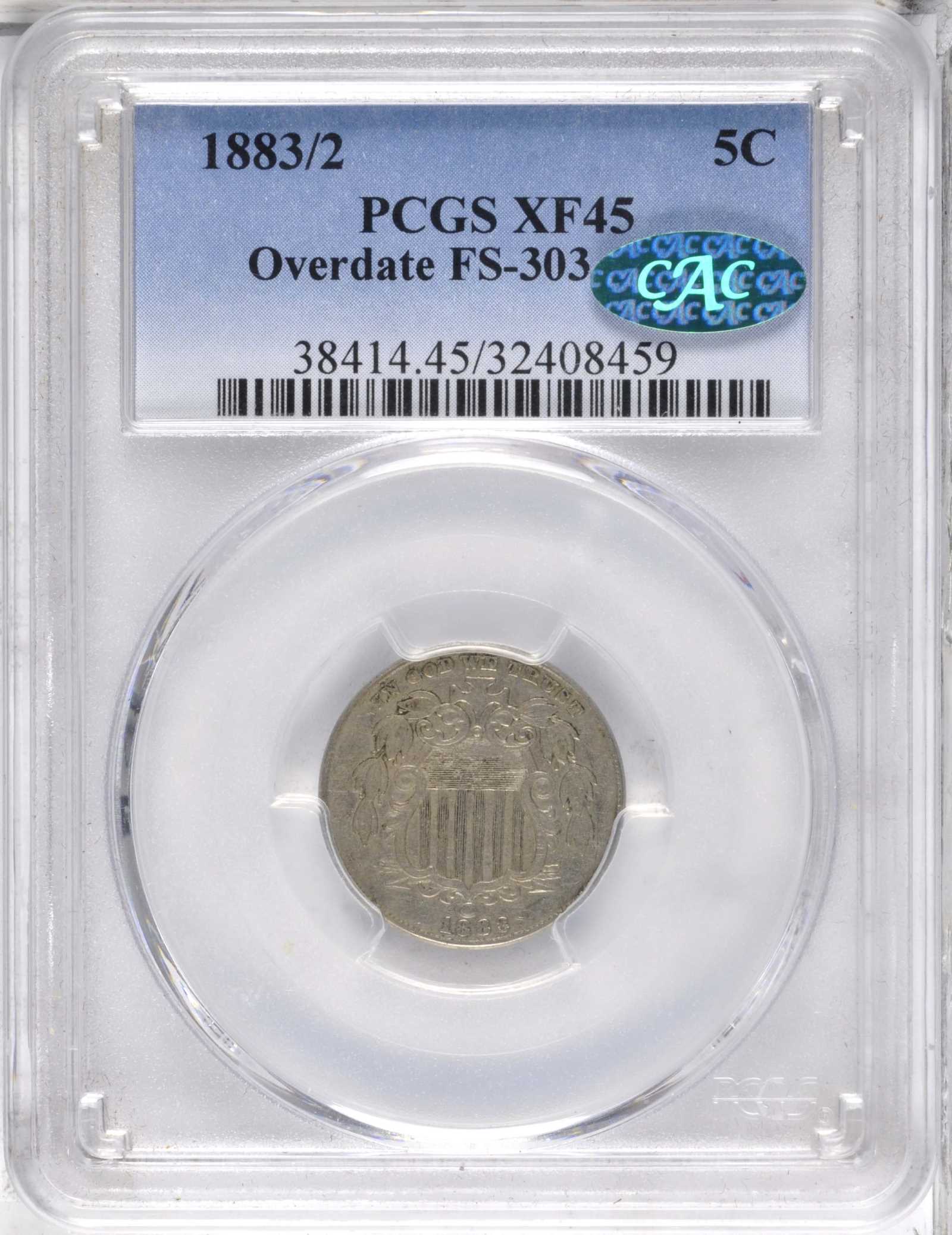 1883/2 5c Shield, Overdate, FS-303 AG3 CAC thumbnail 6