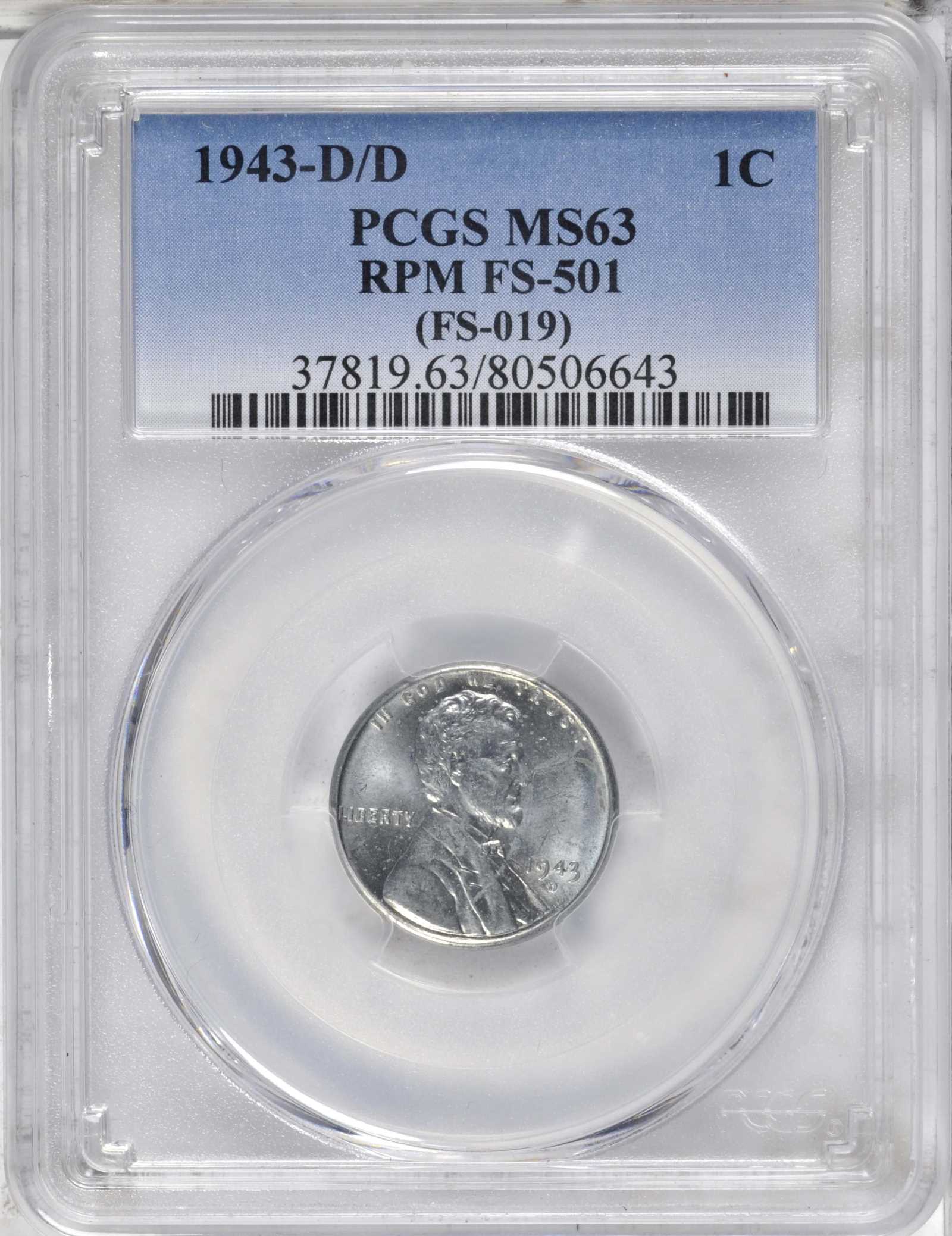 1943-D/D 1c Steel, Repunched Mintmark, FS-501 MS60 CAC thumbnail 8