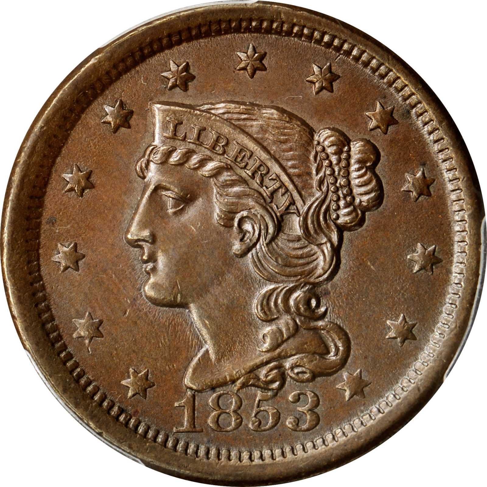 1853 Braided Hair Cent. N-25. Rarity-1. Noyes Die State-B/B. MS-64BN (PCGS).