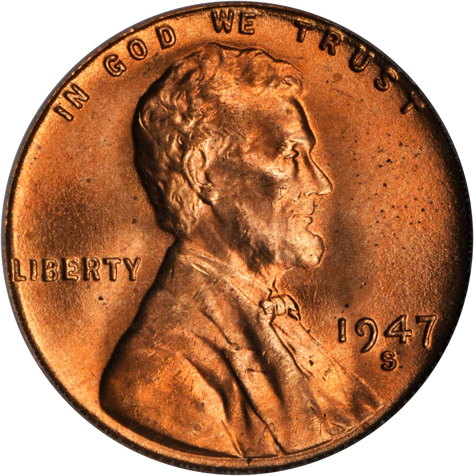 1947-S/S Lincoln Cent. FS-504. Repunched Mintmark. MS-66 RD (PCGS).