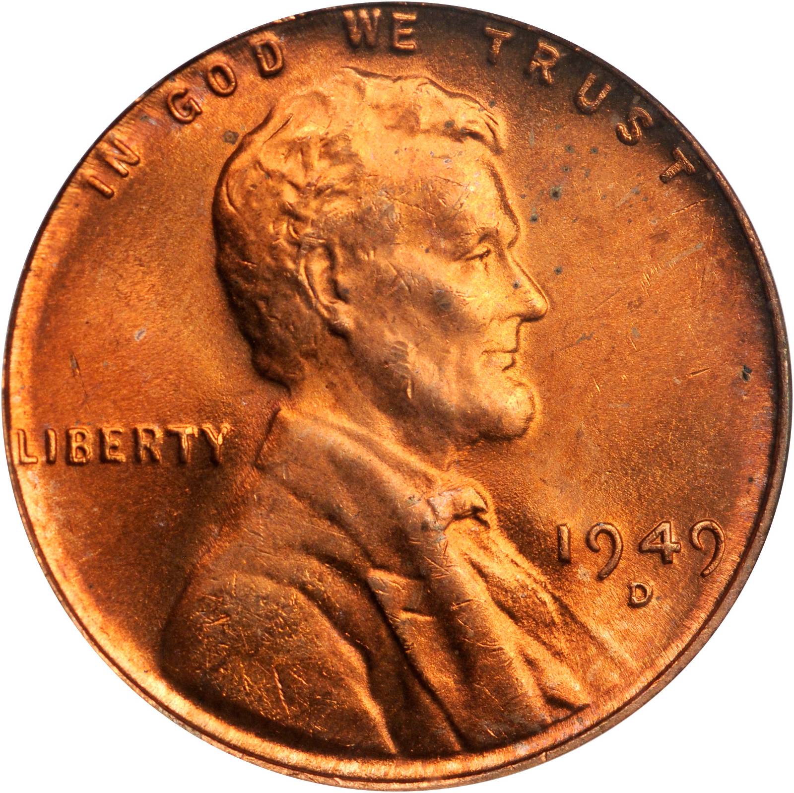 1949-D/D Lincoln Cent. FS-501. Repunched Mintmark. MS-64 RD (PCGS).