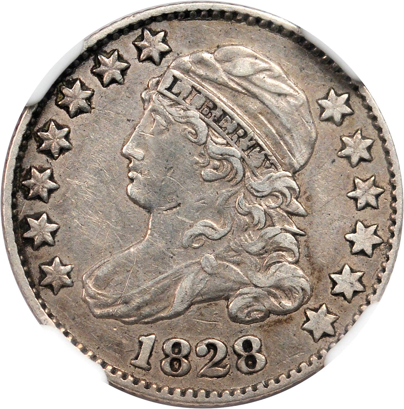 1828 Capped Bust Dime. JR-2. Rarity-3. Large Date, Curl Base 2. EF-40 (NGC).