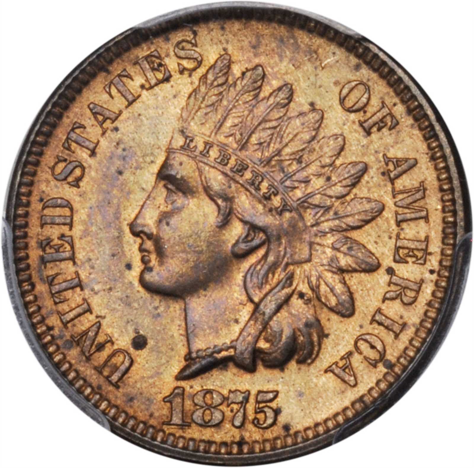 1875 Indian Cent. Snow-3, FS-303. Repunched Date. MS-63 RB (PCGS).