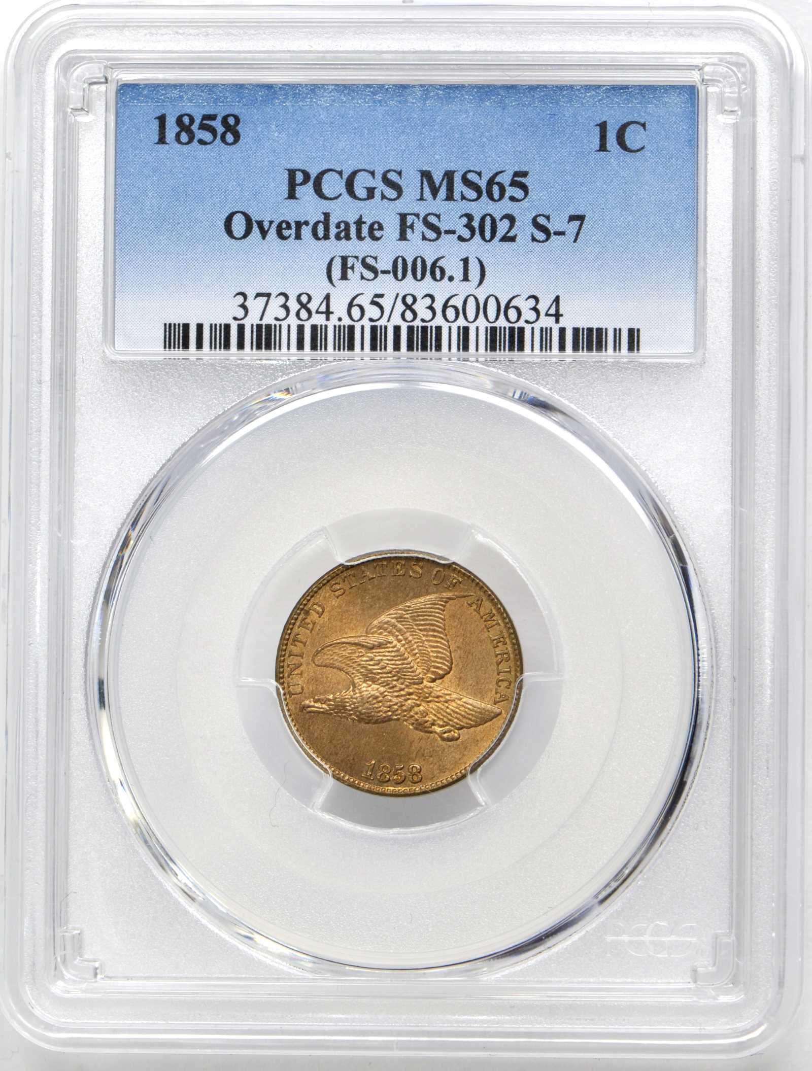 1858/(7) 1c LL, Weak Overdate, FS-302, S-7 MS thumbnail 9