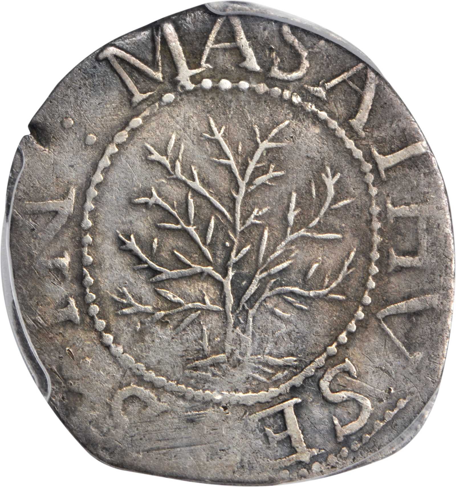 1652 Oak Tree Shilling. Noe-1, Salmon 1-A, W-430. Rarity-3. IN at Left. VF-35 (PCGS).