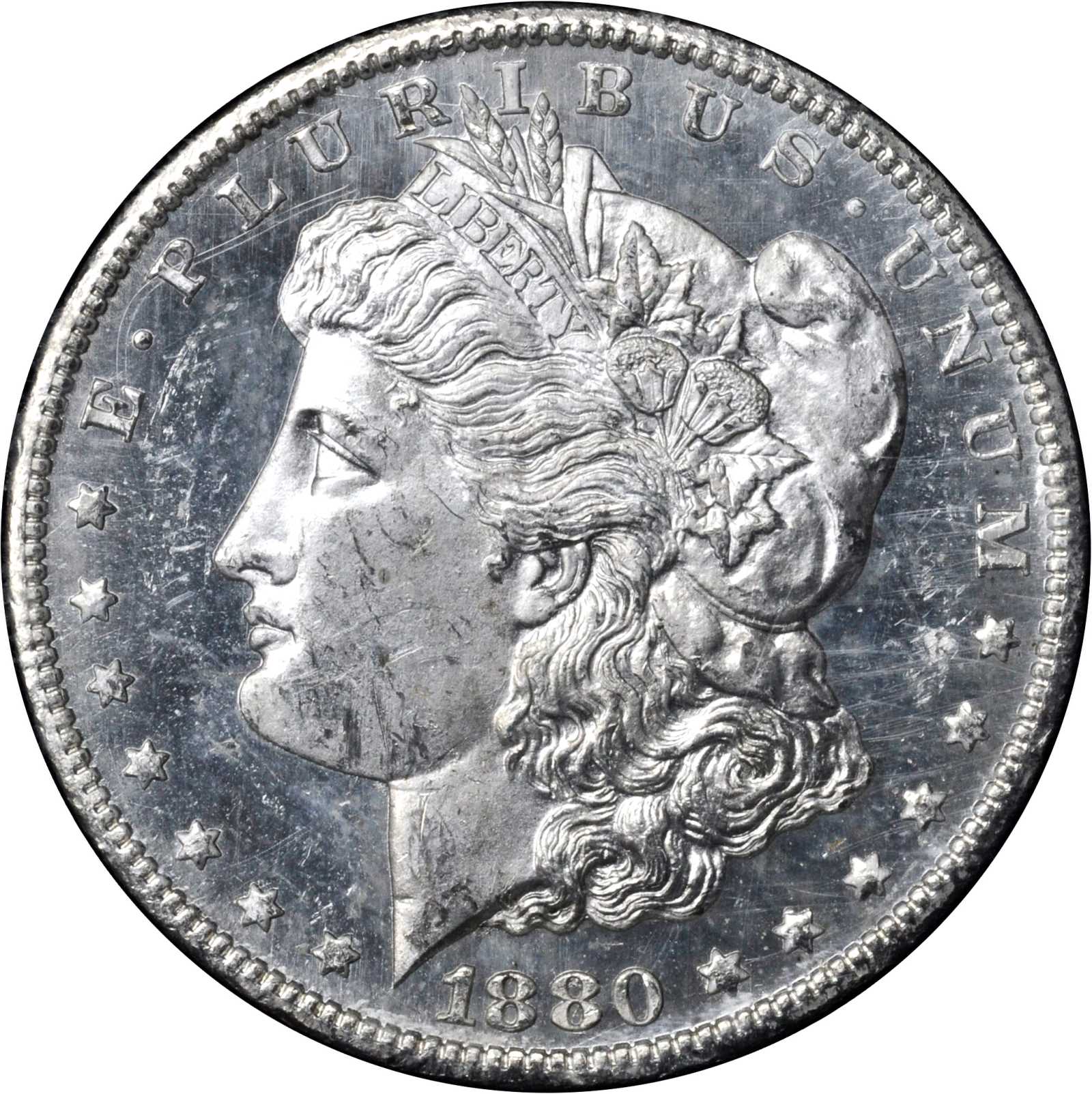 1880-CC GSA Morgan Silver Dollar. VAM-5. Top 100 Variety. 8/High 7. MS-63 DPL (NGC). CAC.